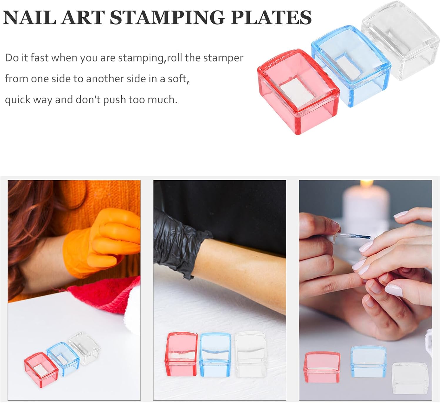 3 Sets Nail Art Stamper with Silicone Heads DIY Manicure Stamping Plates for Precise Nail Design Use Rectangular Stampers in Blue Pink Transparent