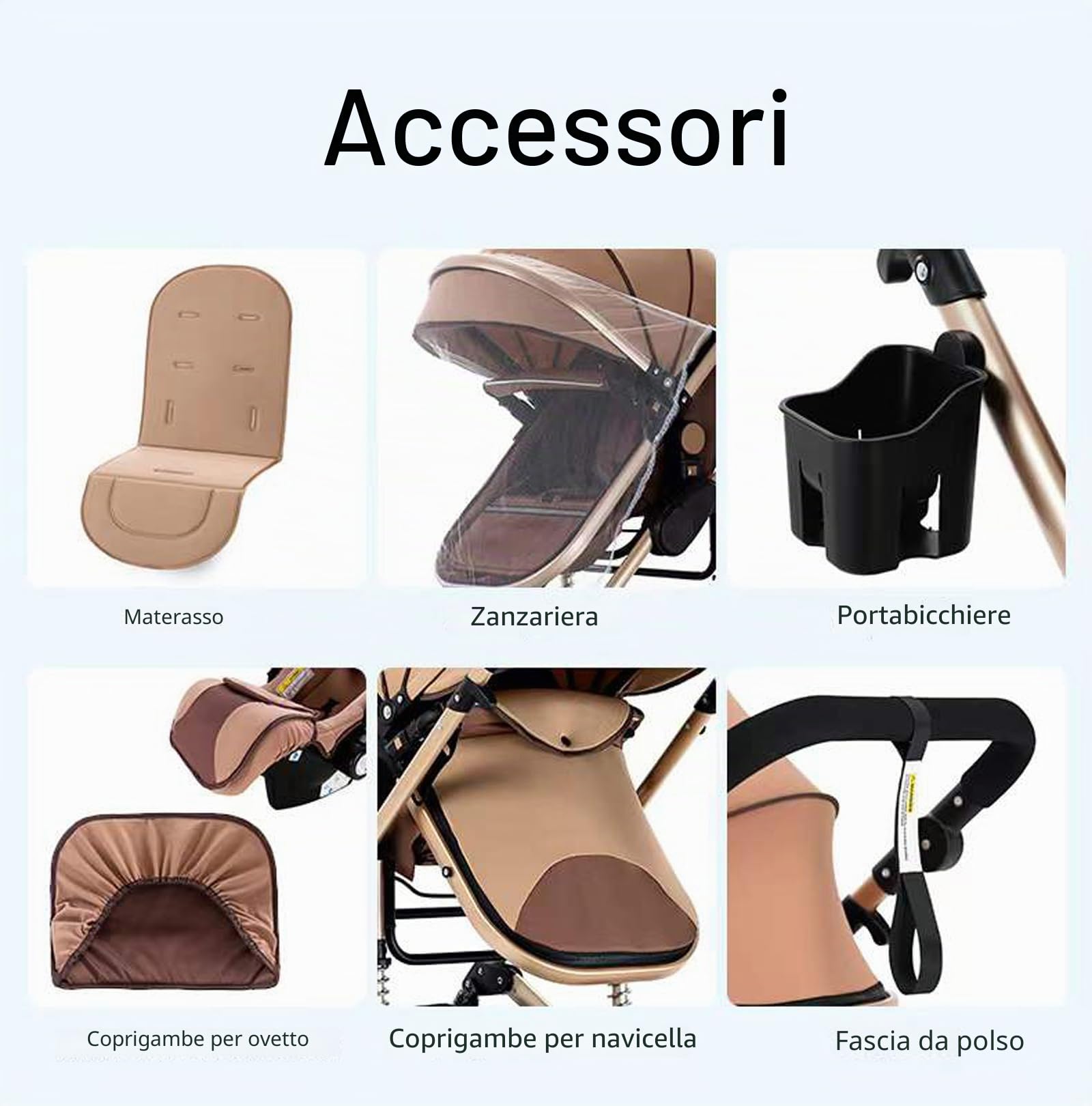 Passeggino Trio, Passeggino 3 in 1 con Design Pieghevole in Un Clic, Trio Neonati con Due Modi Reversibili per Spingere, Lega di Alluminio a Cornice (739 beige)