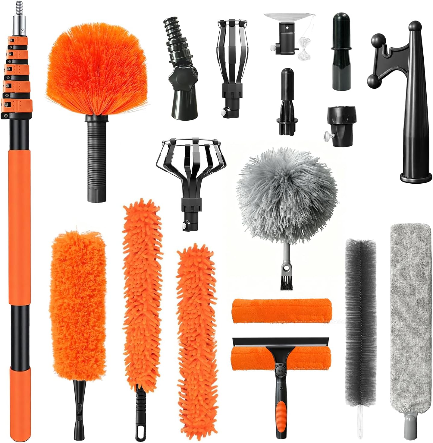 20FT Extendable Cleaning Kit with Light Bulb Changer, 19PCS Heavy Duty Telescopic Pole System, No Ladder Needed for High Ceiling Fan, Cobweb, Window & Wall Cleaning