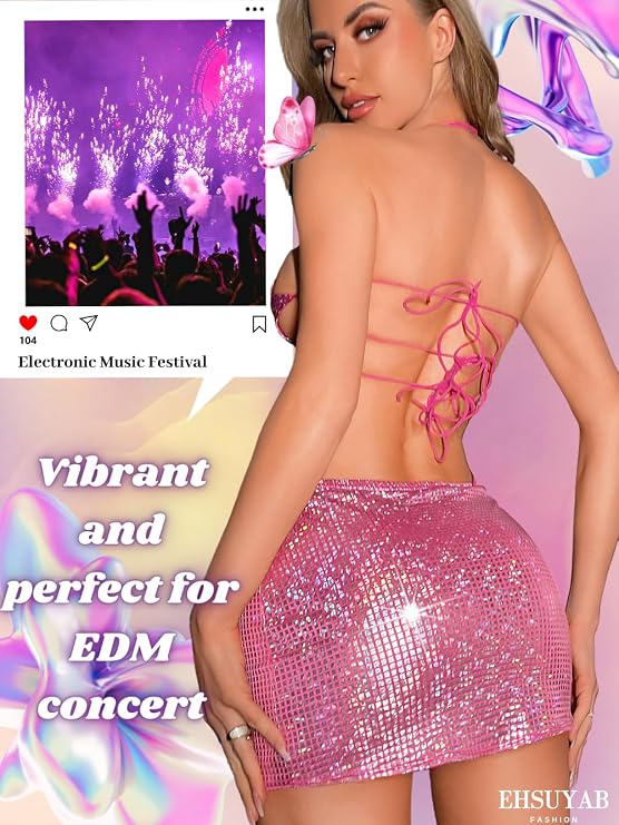 EHSUYAB Rave Clothes For Women, Star Tie Bra, Skirt Wrap, Shiny Metallic Outfits