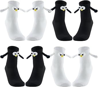 Hemaisu 4 Pairs Cute Socks Fun Eyes Cartoon Hand in Hand Socks Magnet Holding Hand Socks-Breathable Cotton, Ankle Crew Socks 4WB, 2 White + 2 Black, Medium