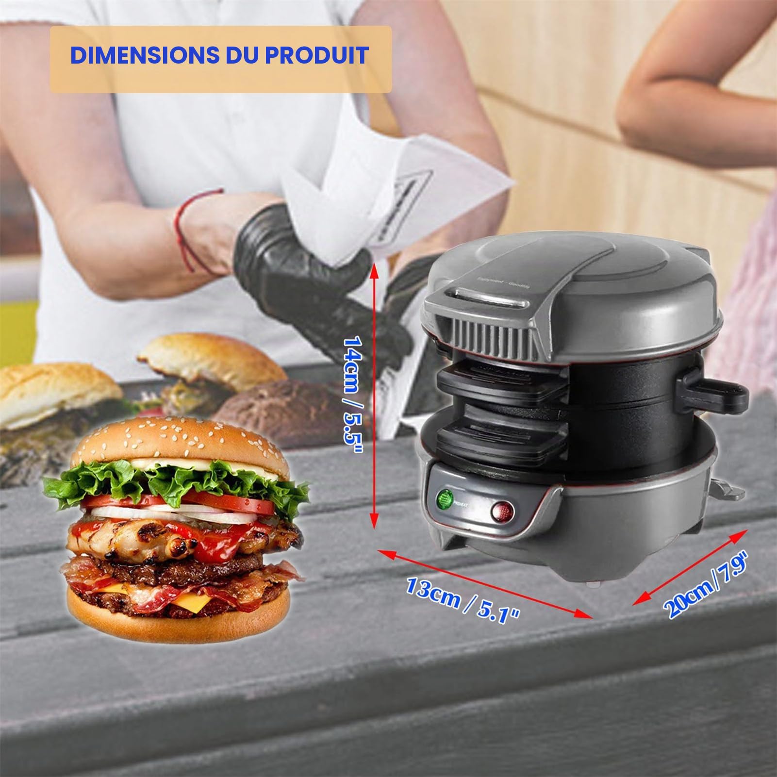 Hamburger Maker, Breakfast Sandwich Maker 3 en 1, Presse pour Grill électrique, Cuisson Non-bâton Revêtement (Gris)