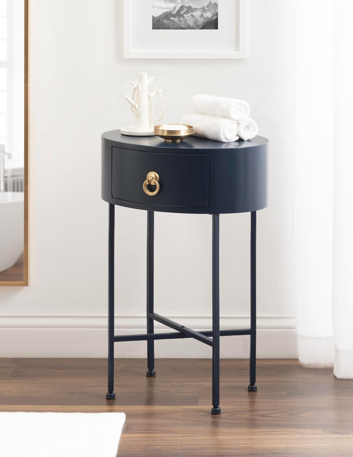 Kate and Laurel Decklyn Decorative Glam Oval Side Table, 16 x 12 x 24, Navy Blue and Gold, Modern Round Living Room Table with Pull Drawer for Useful Storage
