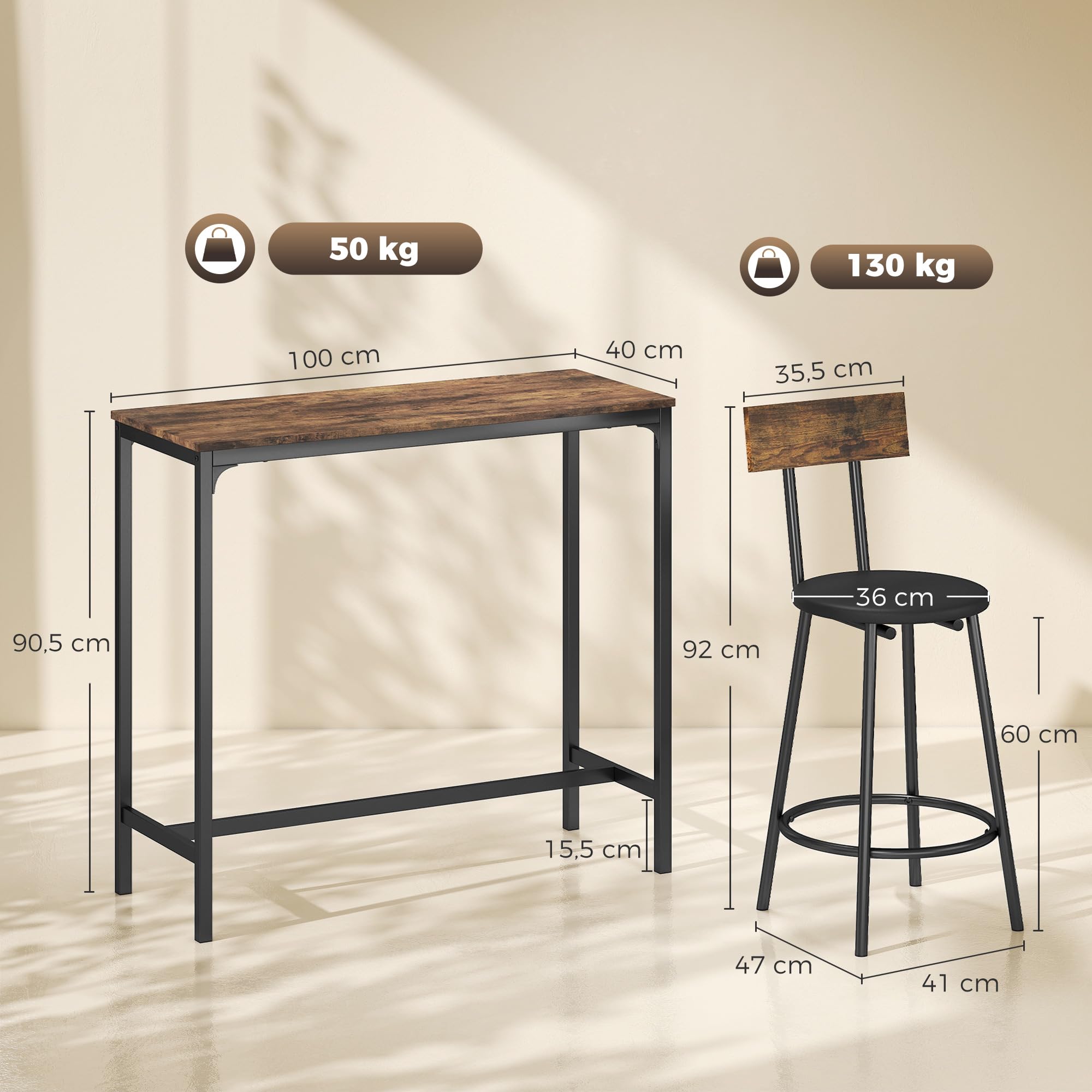 HOMCOM Ensemble Table de Bar avec 2 Tabourets Repose-Pieds PU Marron