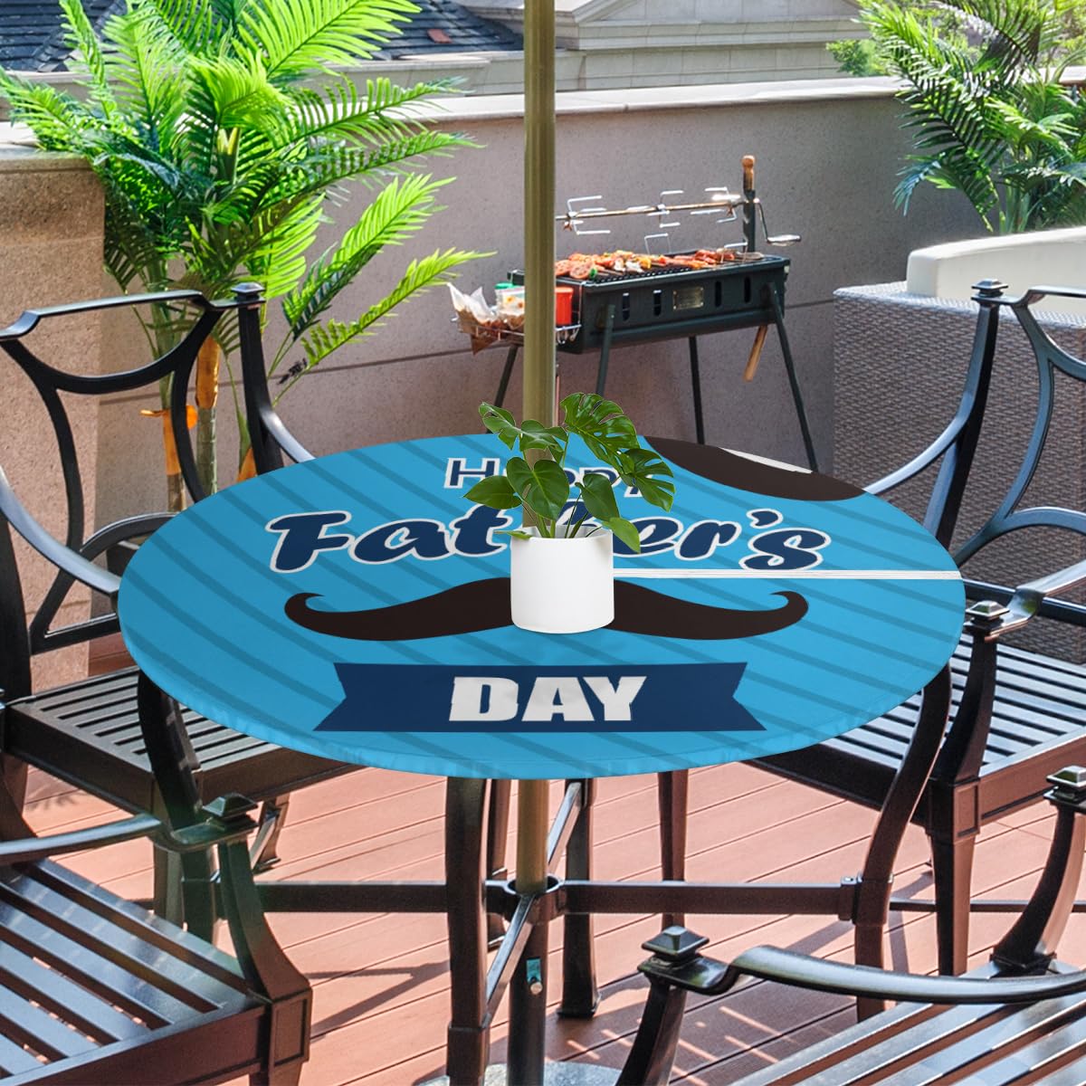 XMNYGJ Father's Day Hat Mustache Round Fitted Tablecloth with Umbrella Hole Zipper Outdoor Oil Waterproof Stain Resisteant Round Elastic Table Cover for Party, Picnic and Patio 36-44 Inch