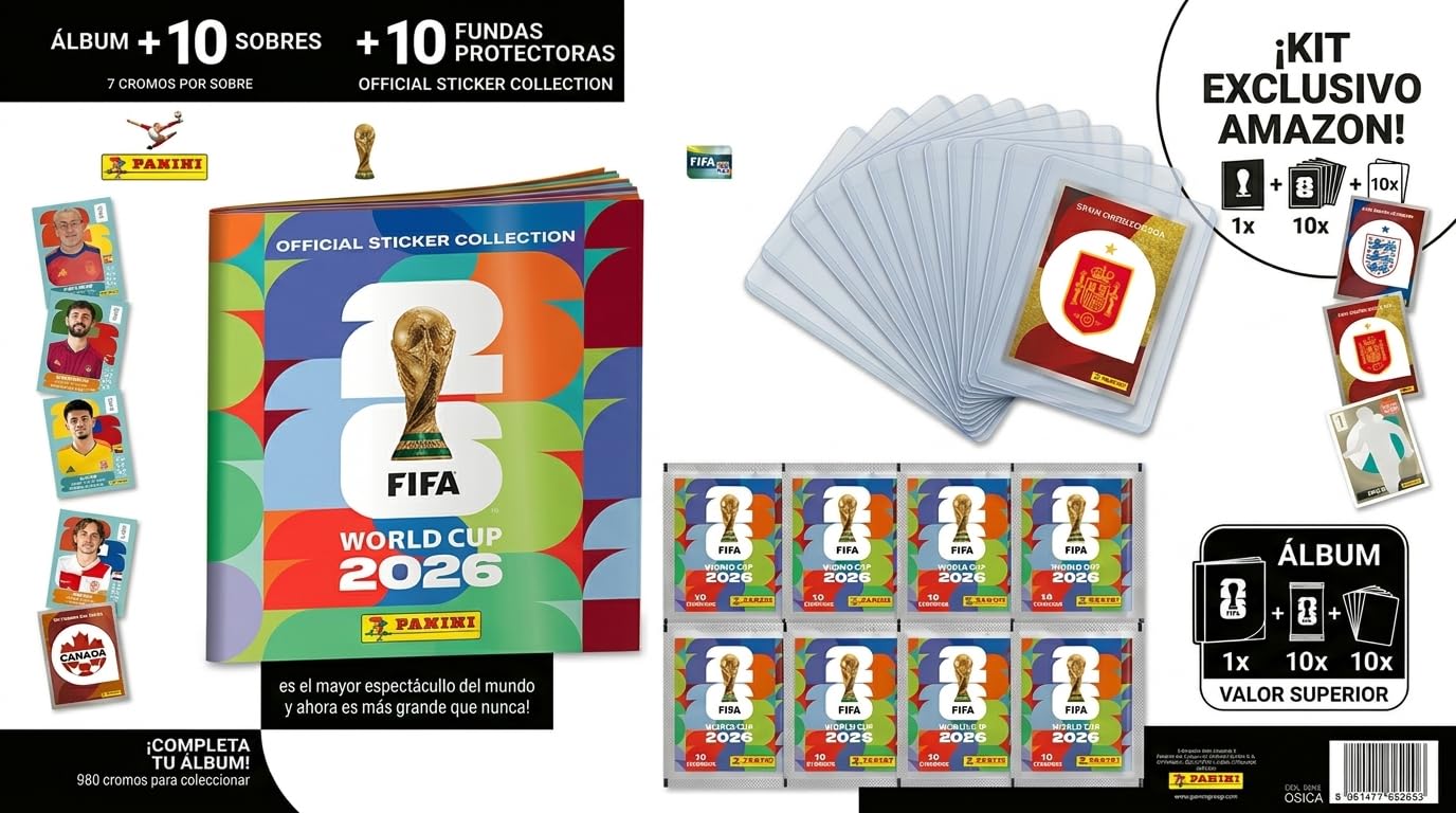 Pack de Inicio Panini Mundial 2026 - Álbum Oficial FIFA World Cup + 10 Sobres de Cromos + 10 Fundas Protectoras Premium de Regalo