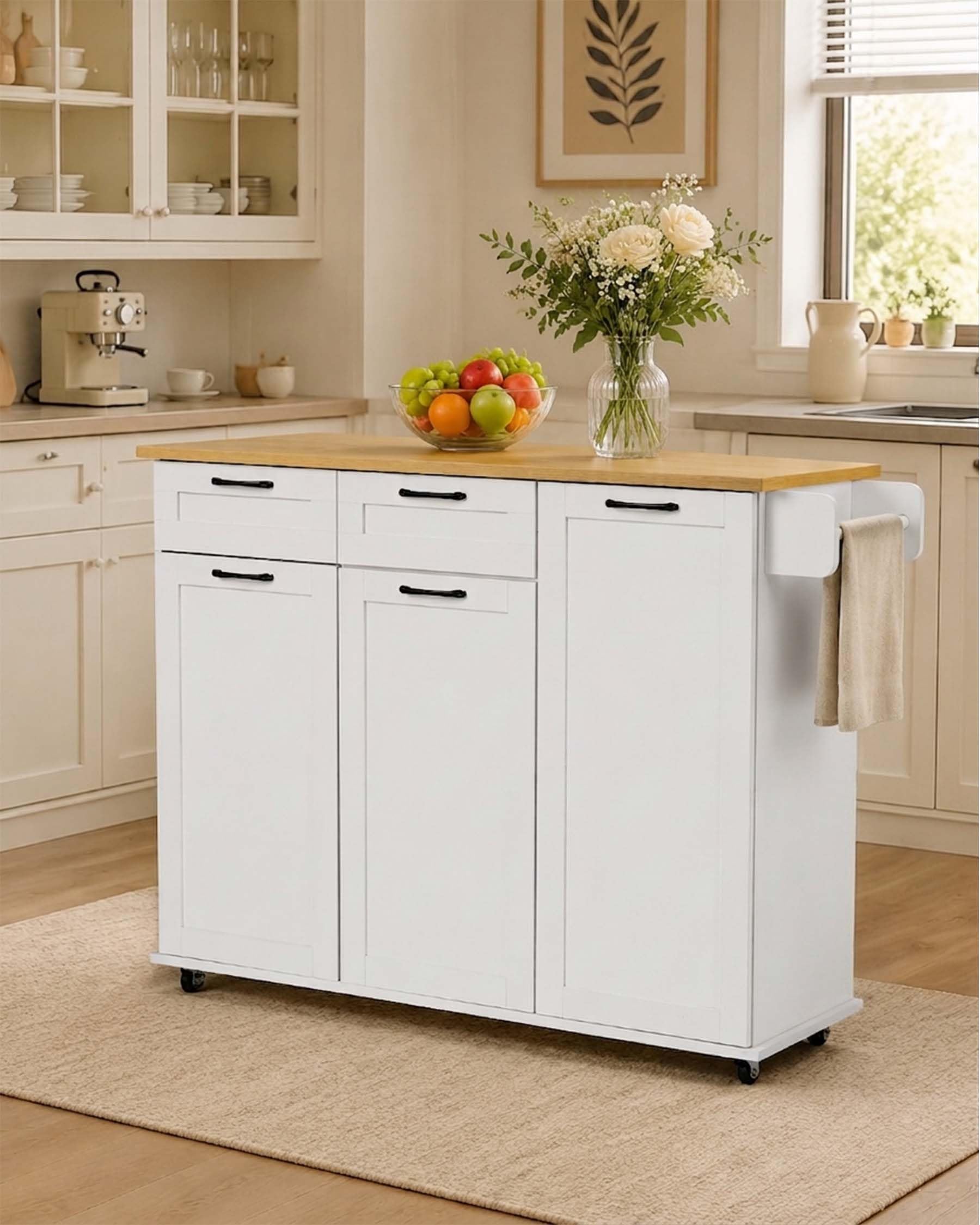 Îlot de Cuisine avec Prise et Plan de Travail Pliable Meuble Cuisine avec roulettes Buffet Cuisine avec Rangement 2 tiroirs et 2 Portes Blanc/chêne 120 x 74 x 94,5 cm