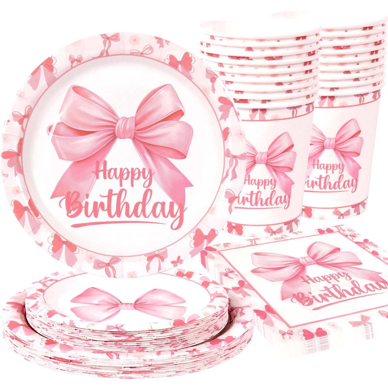 OTTPOOM 100 Pcs Pink Bow Coquette Birthday Party Decorations - 25 Serves Paper Plates, Napkins, Cups - Bow Themed Tableware Supplies