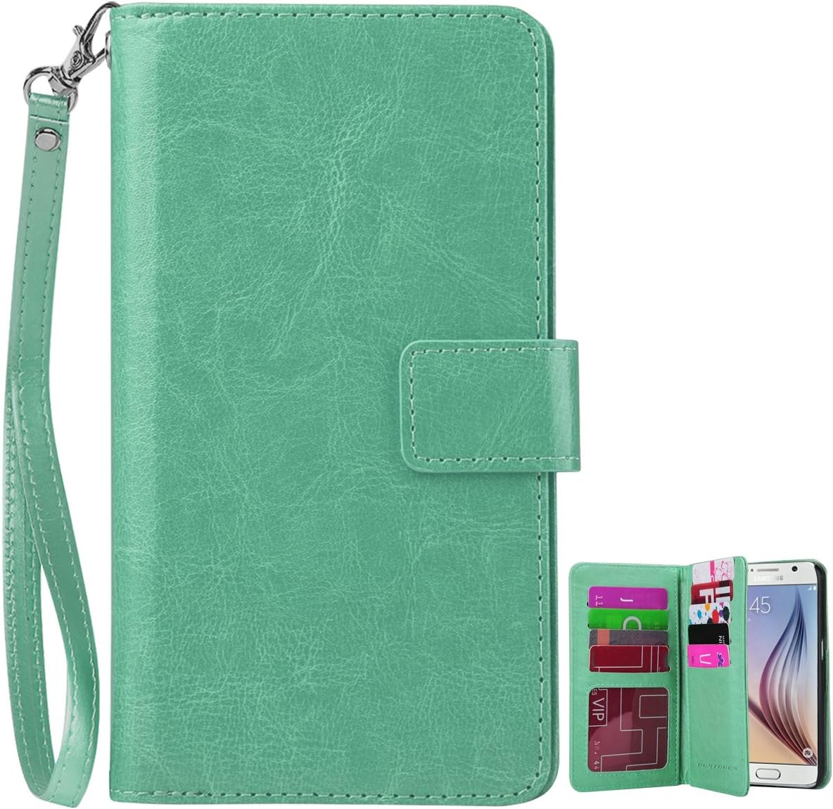 BENTOBEN Galaxy S6 Case, Galaxy S6 Wallet Case, Wristlet Synthesis Leather Book Style Multiple Card Slots Cash Pocket with Magnetic Closure Case Cover for Samsung Galaxy S6 (G920), Mint Green
