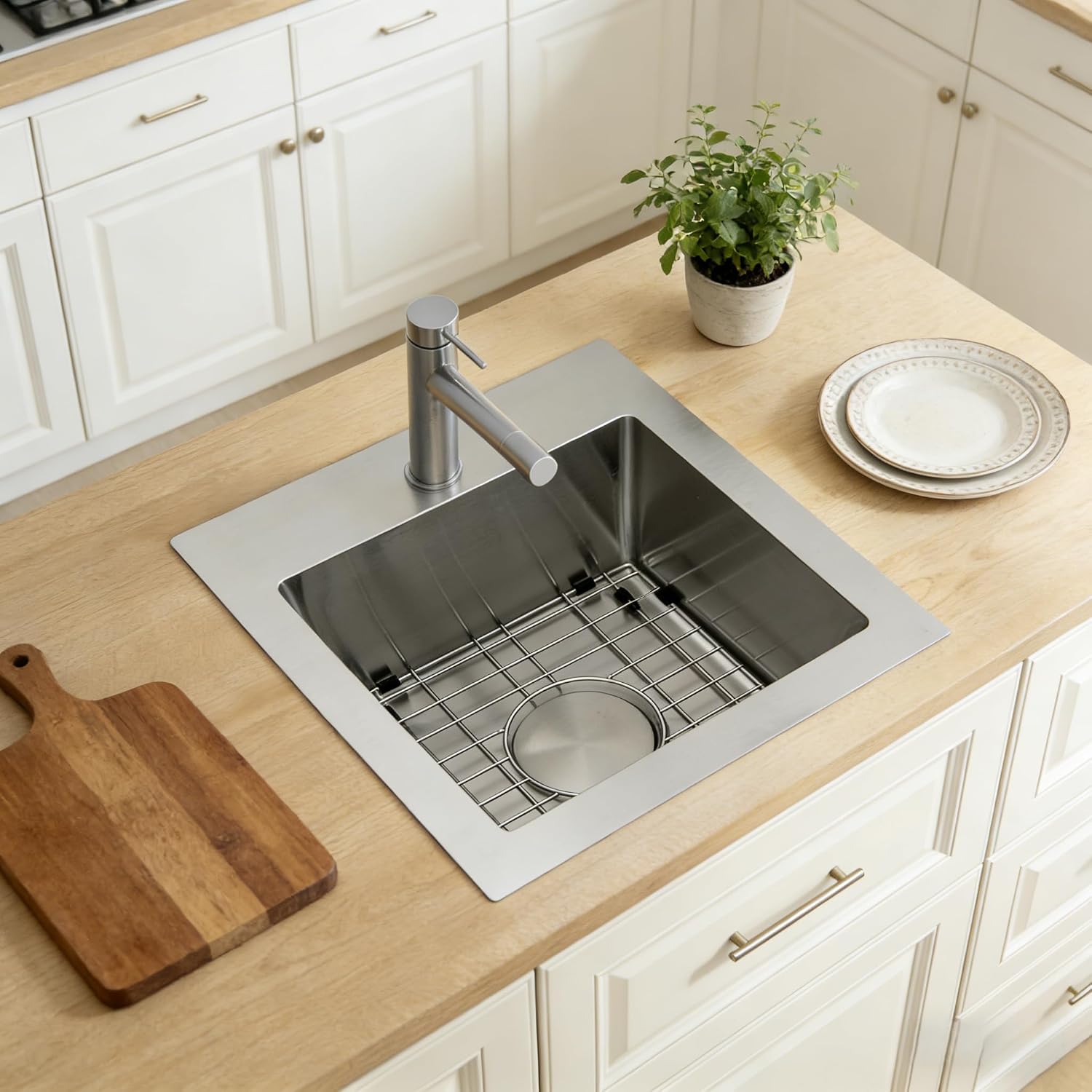 MILOSEN 17 x 19 inch Drop in Bar Sink, 304 Stainless Steel Topmount RV Small Kitchen Sink, Deep Outdoor Single Bowl Wet Bar&Prep Sinks with Bottom Grid and Strainer, Brushed Nickel