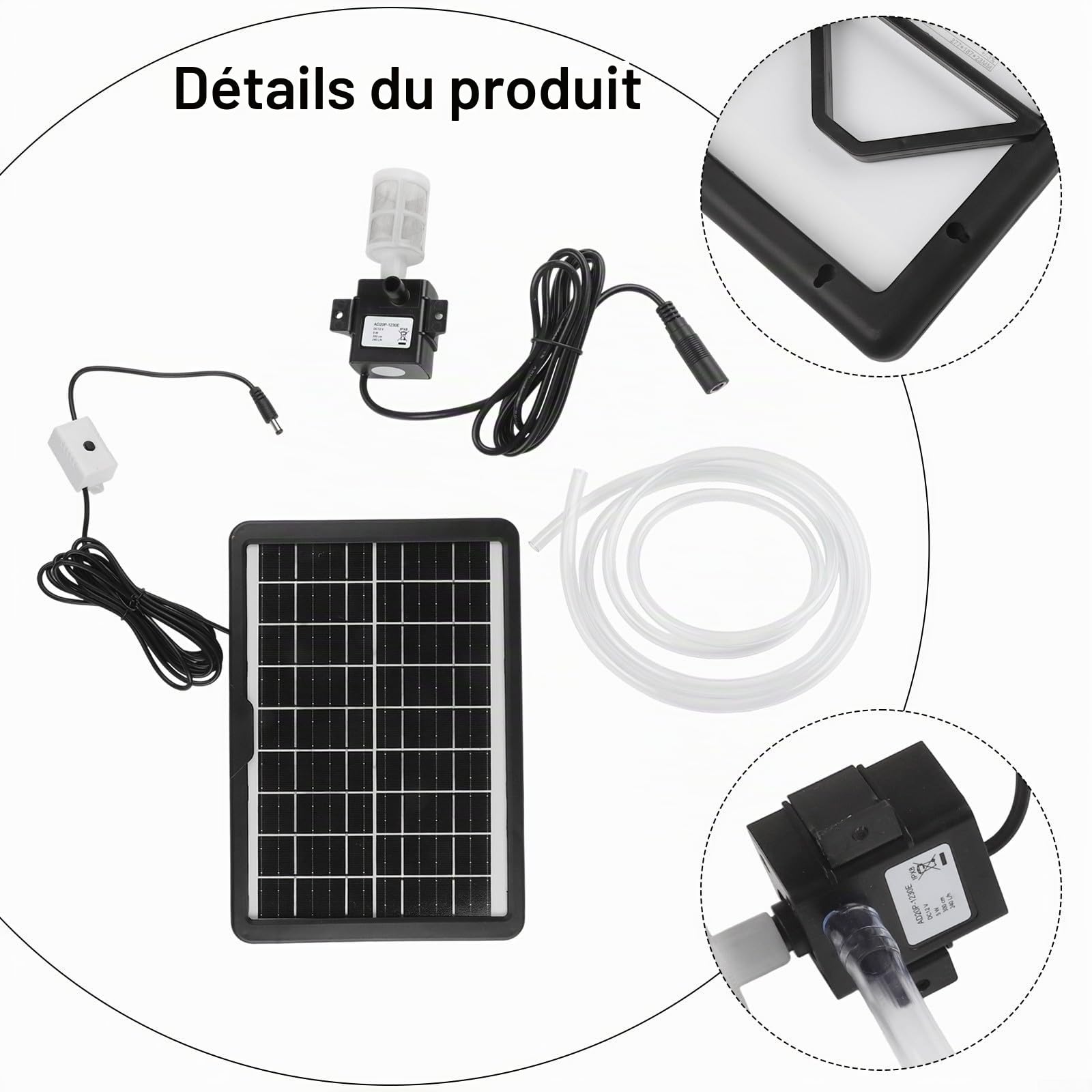 Pompe solaire pour fontaine à eau, panneau 6 W 9 V avec pompe submersible 12 V, débit de 240 l/h, pour bassin de jardin avec filtre de tuyau de 2 m