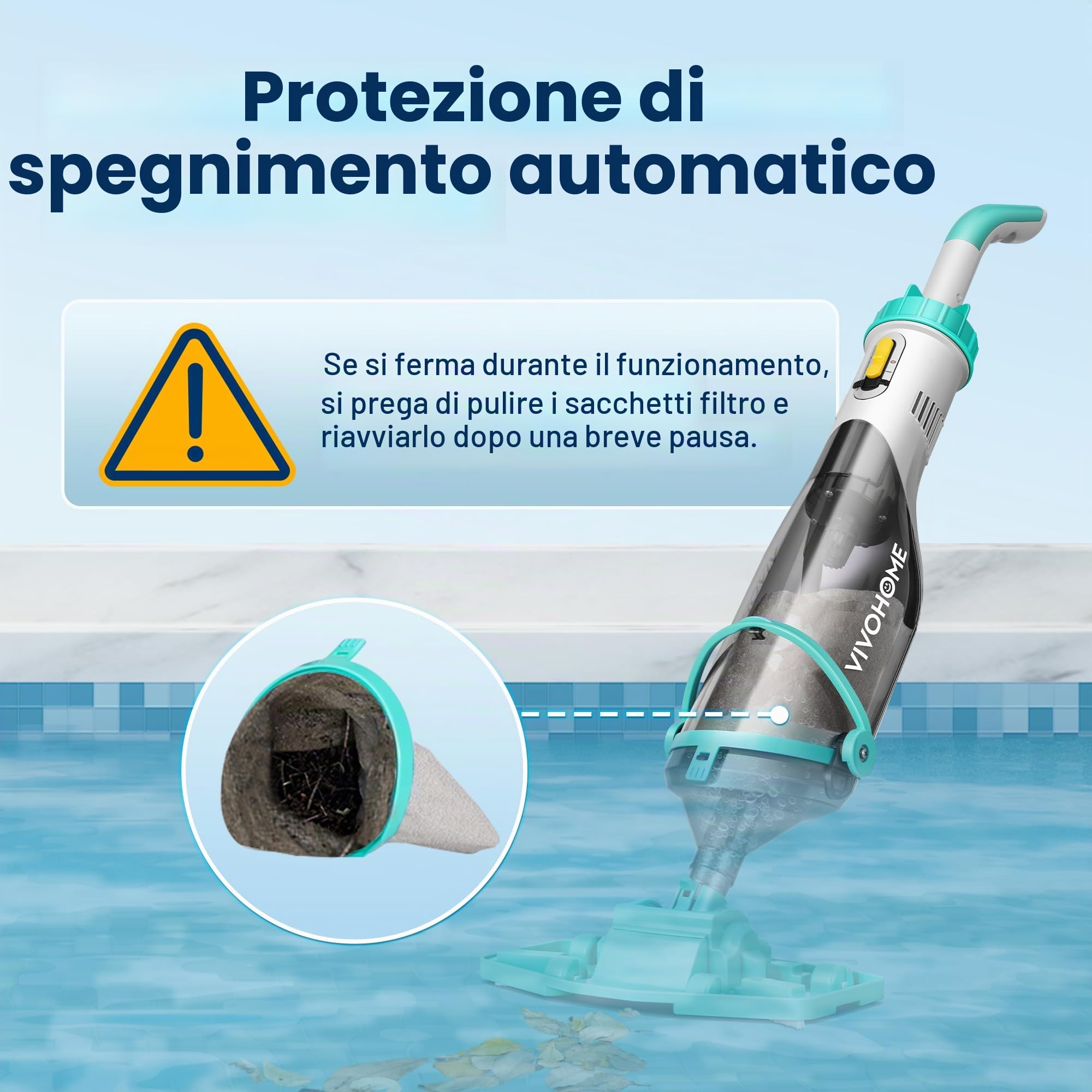 VIVOHOME Aspirapolvere per Piscina Senza Fili con Aste Telescopiche 278cm Aspirazione 18,5 GPM Autonomia 60 Minuti Pulitore Portatile Ricaricabile con Indicatore di Batteria per Piscine