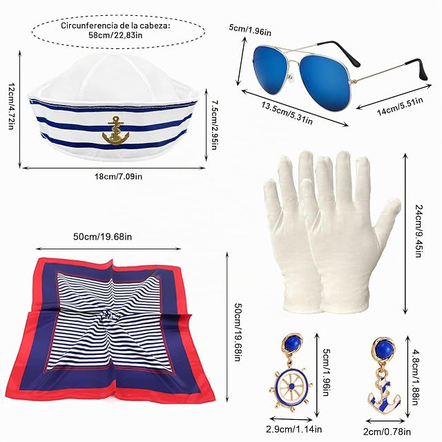 Foto 2 de 5 de SKHAOVS Set de 5 Piezas Disfraz de Marinera para Mujer - Traje Náutico con Gorro, Accesorios para Adultos