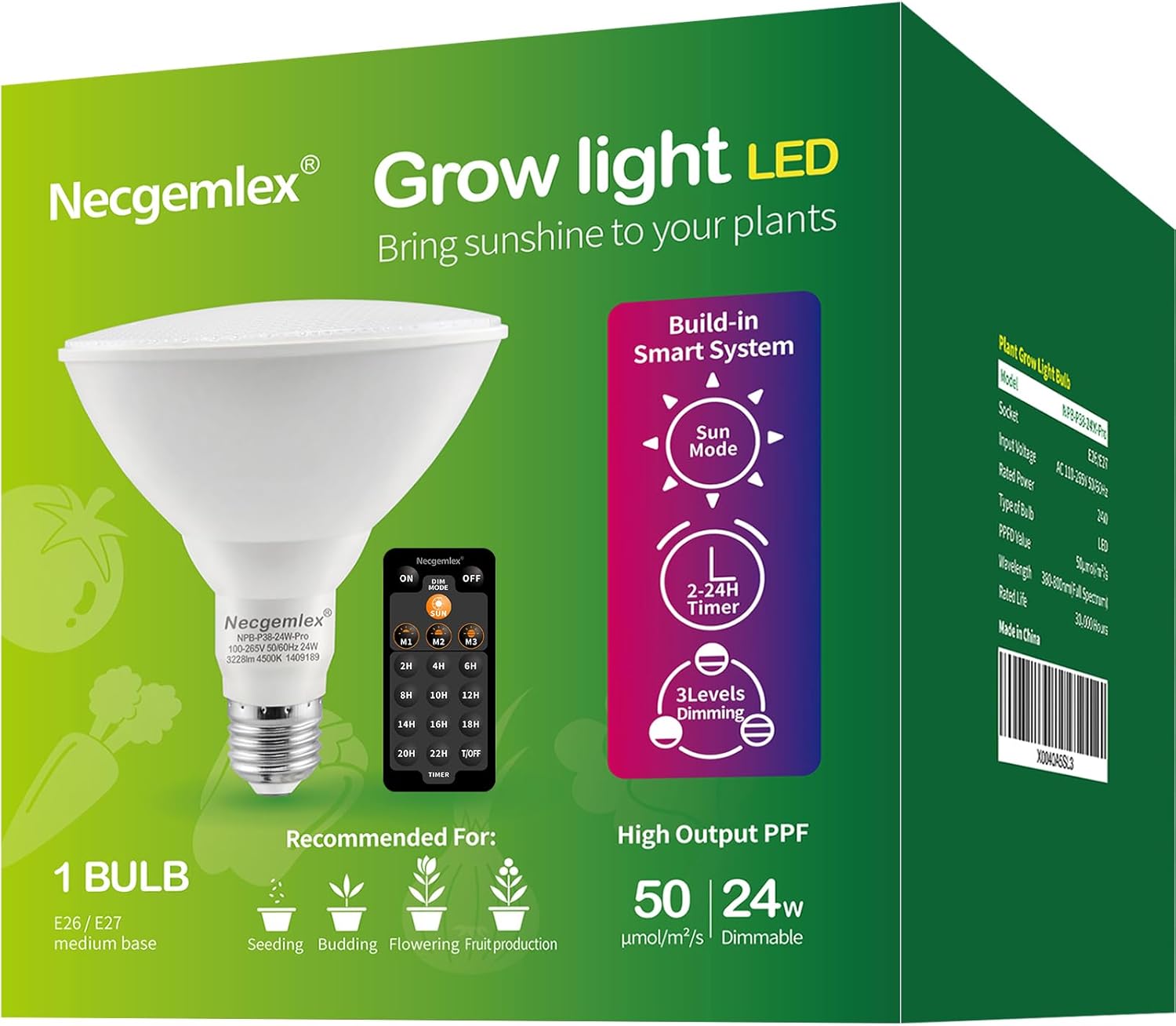 Smart LED PAR38 Grow Light, Dimmable, Sun Mode Dimming - Mimics Real Sunshine, Daily Run Auto Timer, Remote Control - Full Spectrum for Indoor Plant Growth