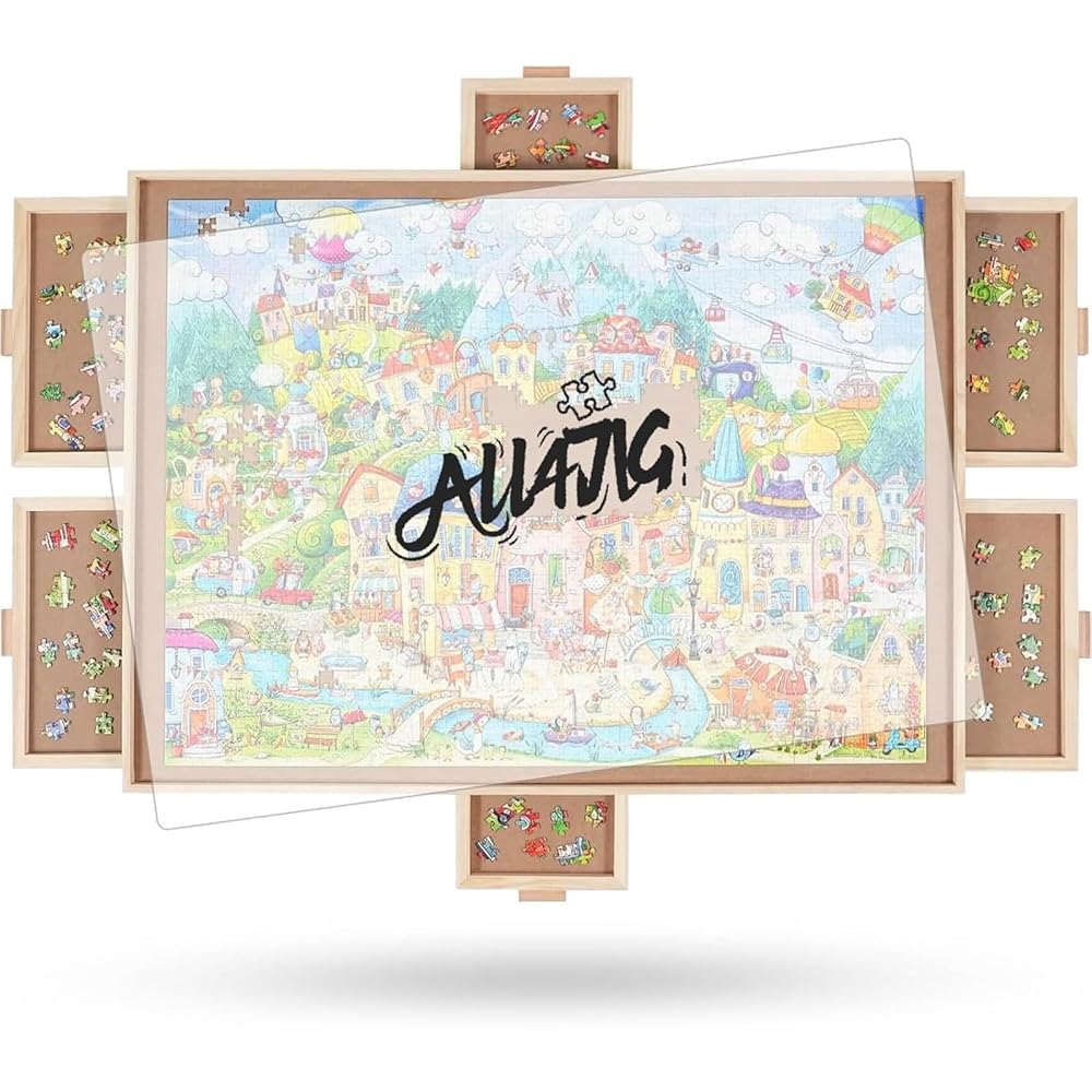 ALL4JIG 1000 Pieces Rotating Puzzle Board with 6 Drawers and Cover,22x30Portable Wooden Jigsaw Puzzle Table for Adults,Lazy Susan Spinning Puzzle Boards Birthday Gift for mom