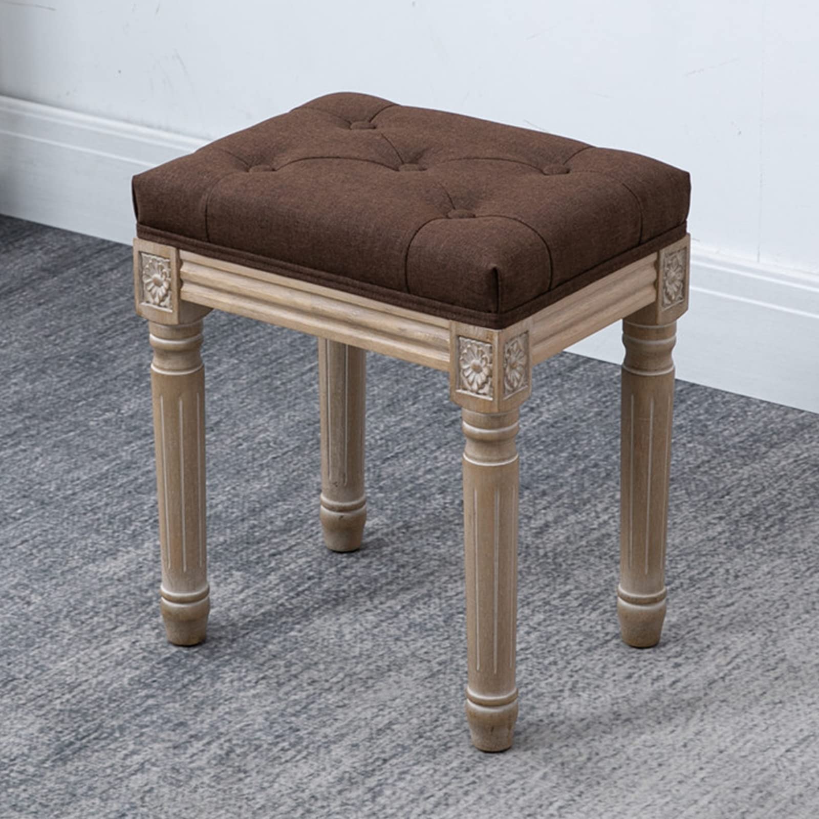 Pouf capitonné en lin ma avec pieds en bois d'hévéa vintage pour chambre