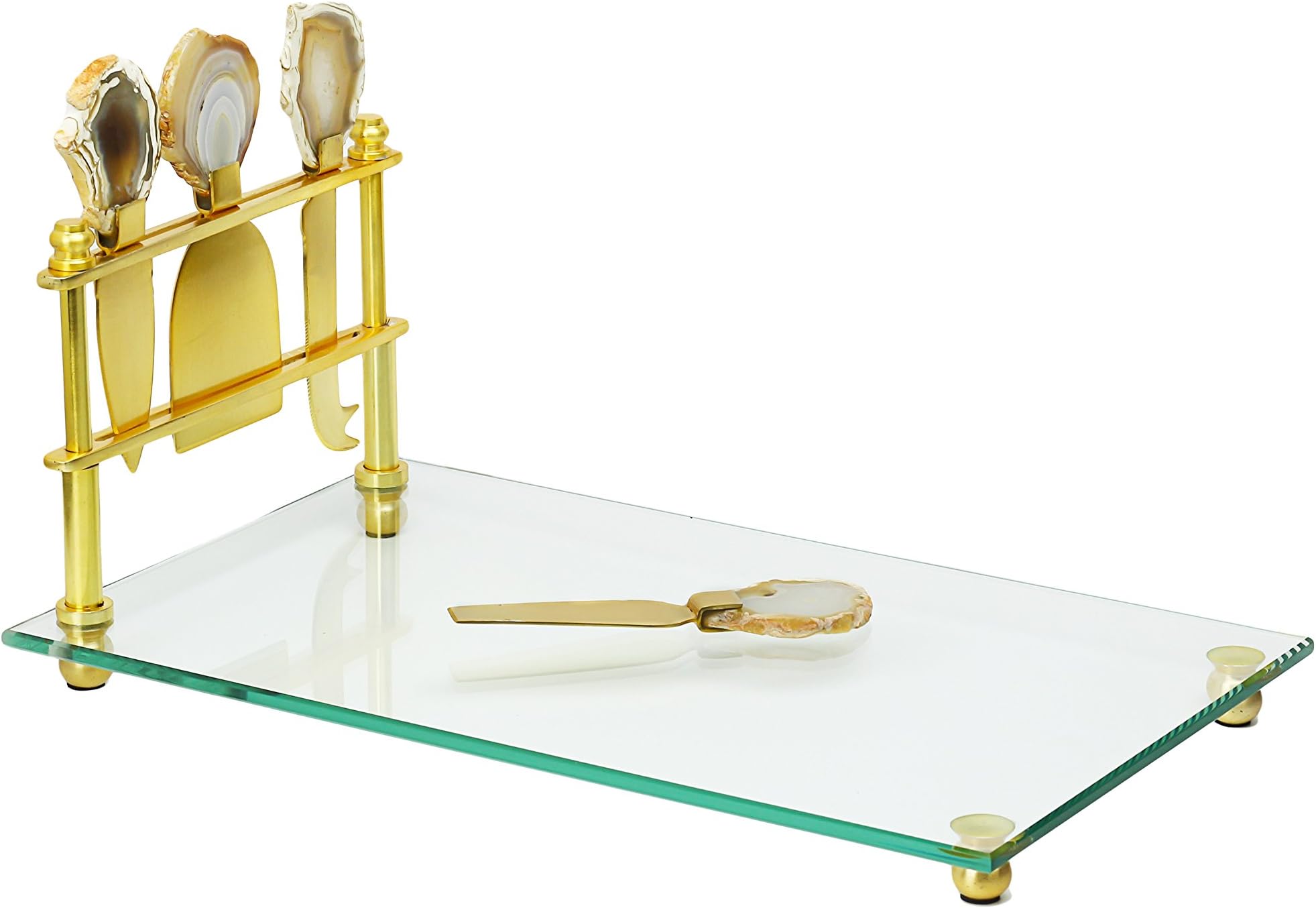 Gorgeous and Elegant Cheese Board & Cutlery Set, Fancy Glass Cheese Board Bread Tray and Gold-Plated Knife Tool Set with Agate Stone Handles, 8"W x 13"L
