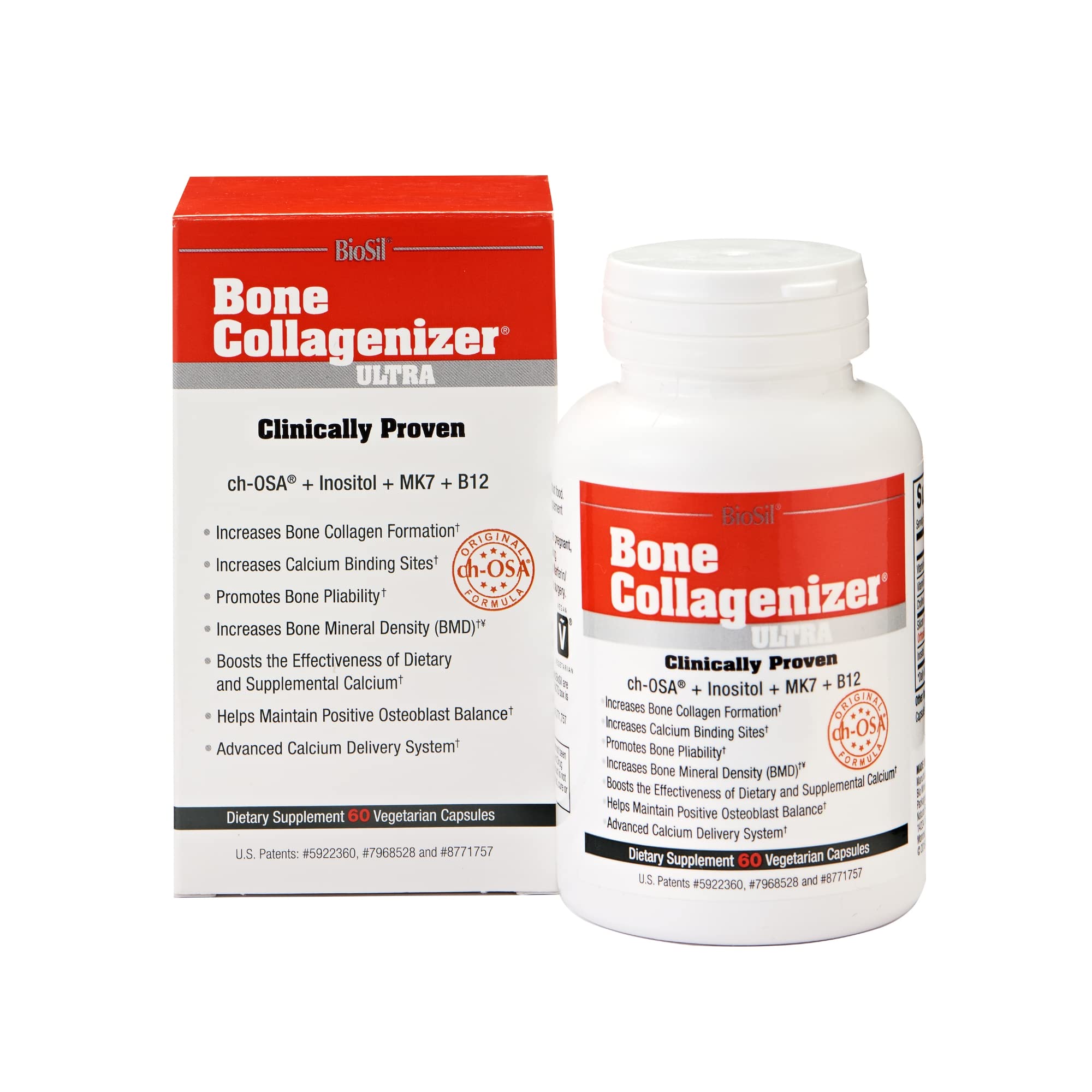 Biosil Bone Collagenizer Ultra - 60 Veggie Capsules - with Patented ch-OSA Complex + Choline, Inositol, MK7 & Vitamin B12 - GMO Free - 30-Day Supply