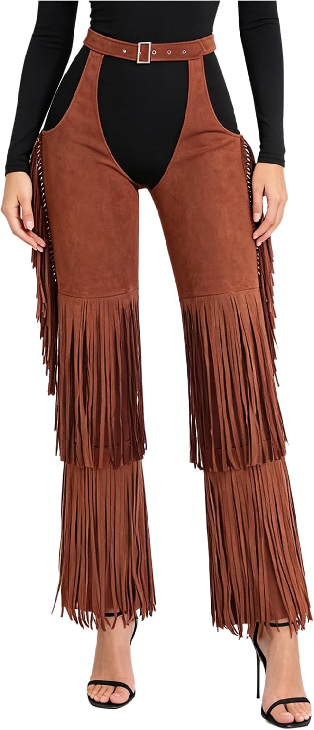 Women's Cowgirl Riding Chaps Pants Assless Western Chaps | Fringe Western Pants,High Waisted,Festival Country Music Festival Outfits Wear,Unisex Halloween Cowboy Cowgirl Costume