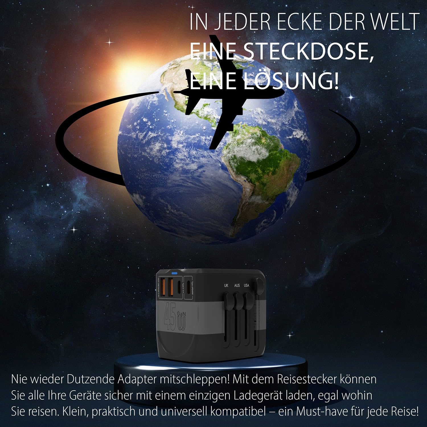 inca IPW-45SA adapter podróżny na całym świecie, 45 W, wtyczka podróżna z 2 USB-C, 2 USB-A, szybkie ładowanie PD 45 W, międzynarodowy adapter do gniazda wtykowego do USA/UE/UK/OFF – ponad 150 krajów