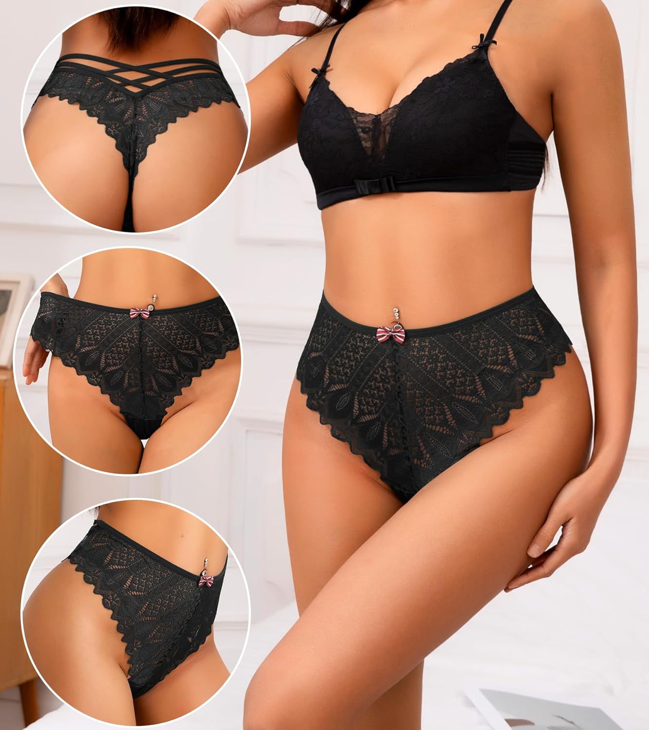 J-pone Lace Thongs for Women Sexy High Waisted Underwear Hollow Out Panties String Criss Cross Thong Multipack - Image 4