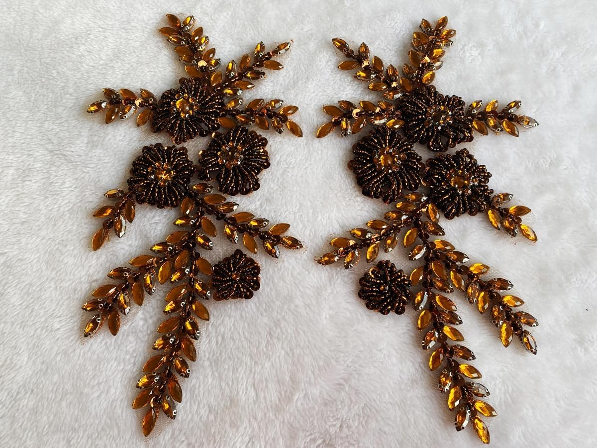 Handmade Rhinestones Bodice Applique sew on Beads Trim Patches Trim Accessories for Wedding Dress Shiny Decorative lace Patch 1 Pair/Set 5.9X10.6inches (Brown)
