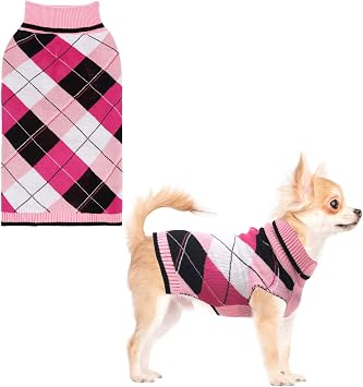 Valentine Dog Sweater for Small dogs, Puppy Knitted Clothes - Classic Plaid Pullover Turtleneck Thick Warm Cat Sweaters with Leash Hole, Dog Winter Clothes for Chihuahua Dachshund Girl Boy XS