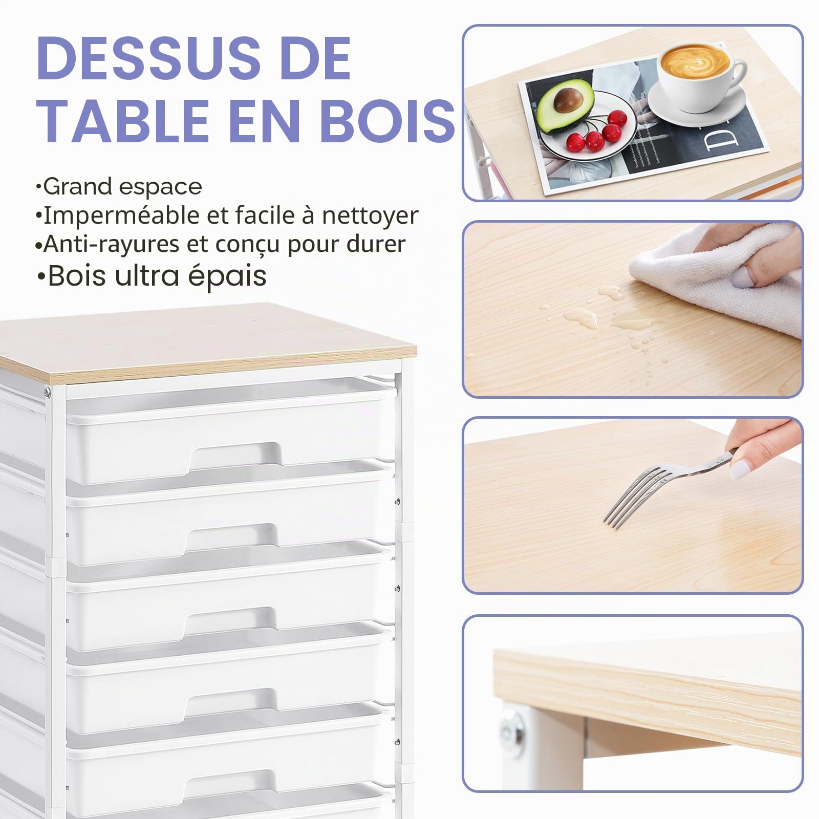SYKIARIOL Chariot de salle de bain avec 8 tiroirs, chariot de rangement à roulettes avec plateau en bois, pour salon, chambre à coucher, bureau, grande capacité, blanc