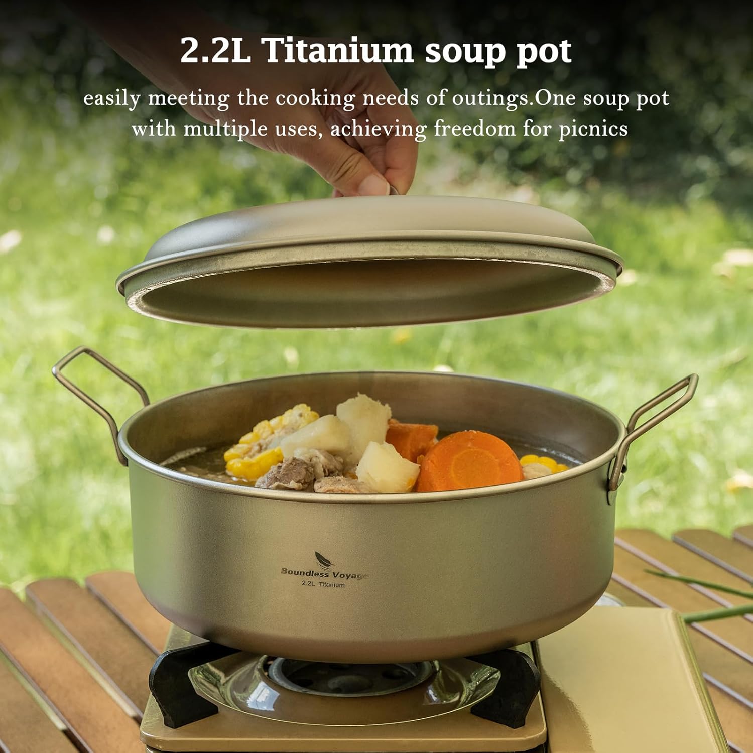 Boundless Voyage 2.2L Titanium Stock Pot Camping Cookware mess Outdoor with Folding Handle Soup Pot for Hiking Picnic Ultralight A-Ti2117C