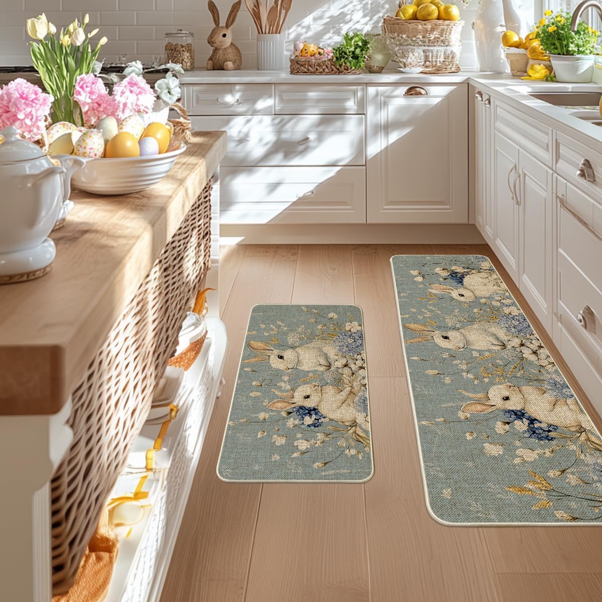 Artoid Mode Rabbit Flowers Bunny Easter Kitchen Mats Set of 2, Spring Home Decor Low-Profile Kitchen Rugs for Floor - 17x29 and 17x47 Inch