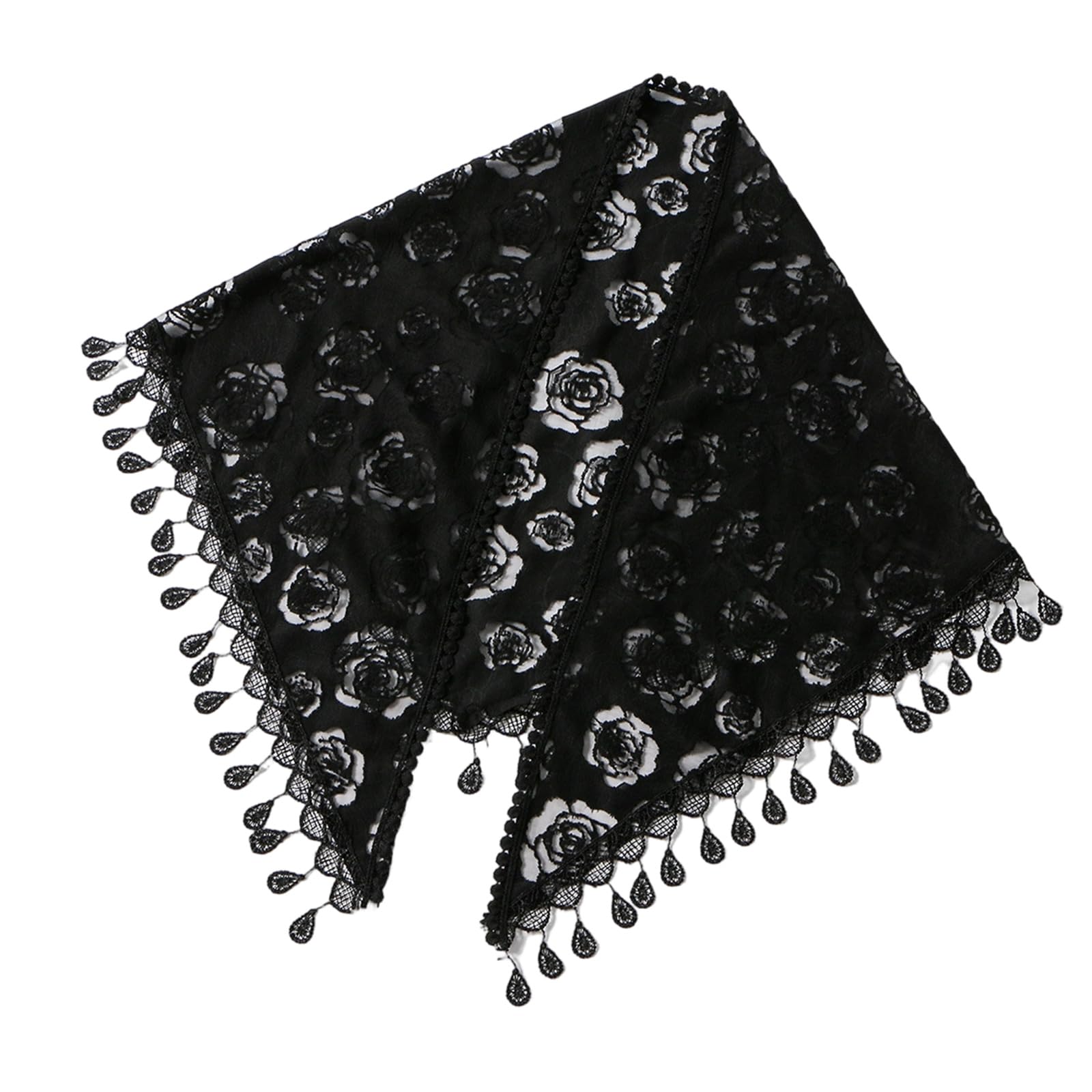Chizisx Unisex Black Floral Embroidered Triangular Scarf For Women 130X50cm Wedding Head Cover Party Shawl Polyester Fiber Capelet Lace Scarf
