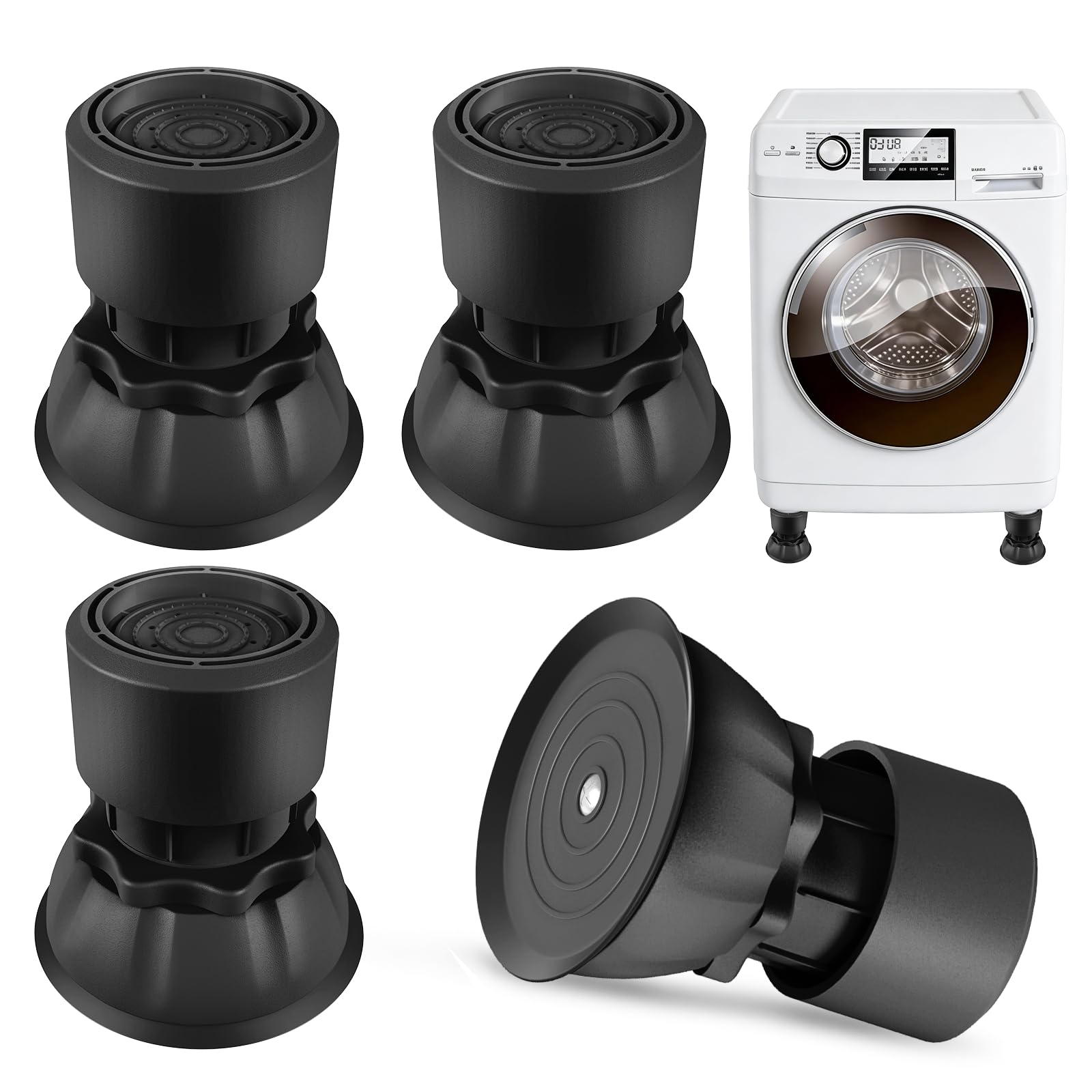 4 Stück Verstellbare Waschmaschinenfüße, Höhenverstellbar von 8.5 bis 11.5 cm, Universelle Anti-Vibrationsmatten, rutschfeste Gummifüße, Vibrationsdämpfer für Waschmaschinen und Trockner - Schwarz