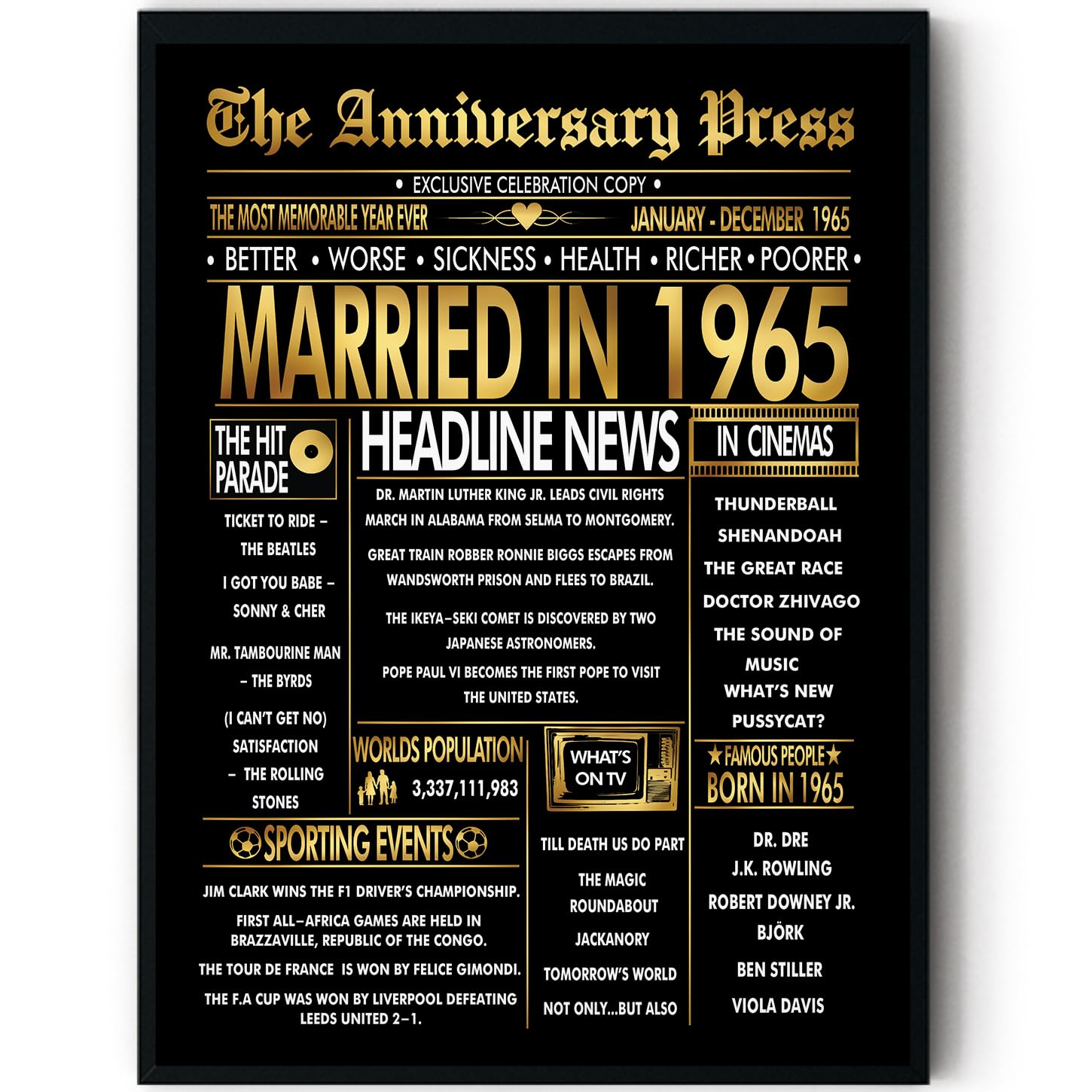 Stuff4 Gold 61st Anniversary Poster Framed - Golden Married In 1965 Newspaper - 61 Anniversary for Men Women Retro Vintage Gifts Back In 1965, 8x10 Inch Bday Party Decor Decoration