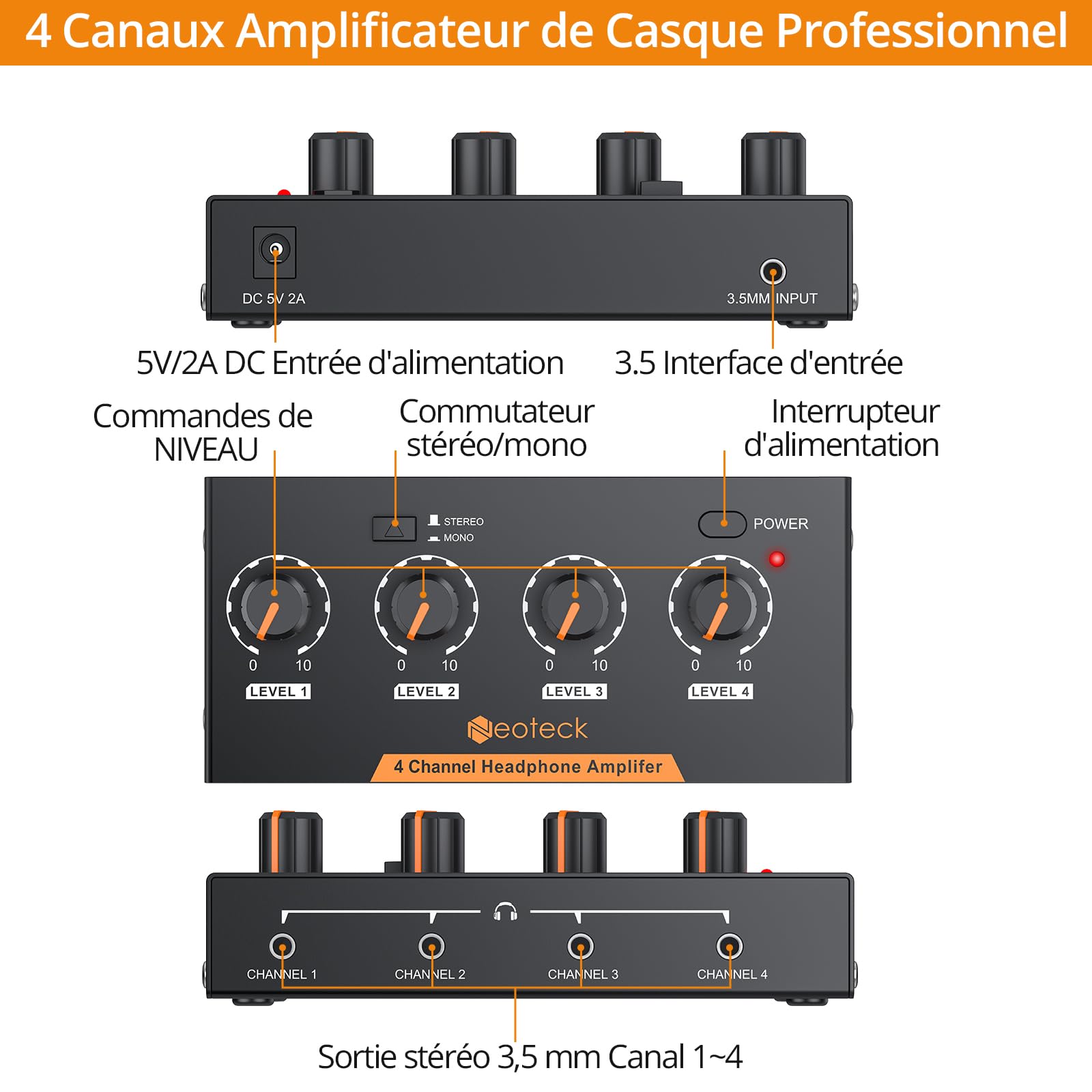 Neoteck Amplificateur de Casque Stéréo à 4 Canaux avec Commandes de Volume Amplificateur Audio en Métal Mono/Stéréo à 4 Canaux avec Câble Audio de 3,5 Mm pour Petits Groupes Club Bar Stage Mixer
