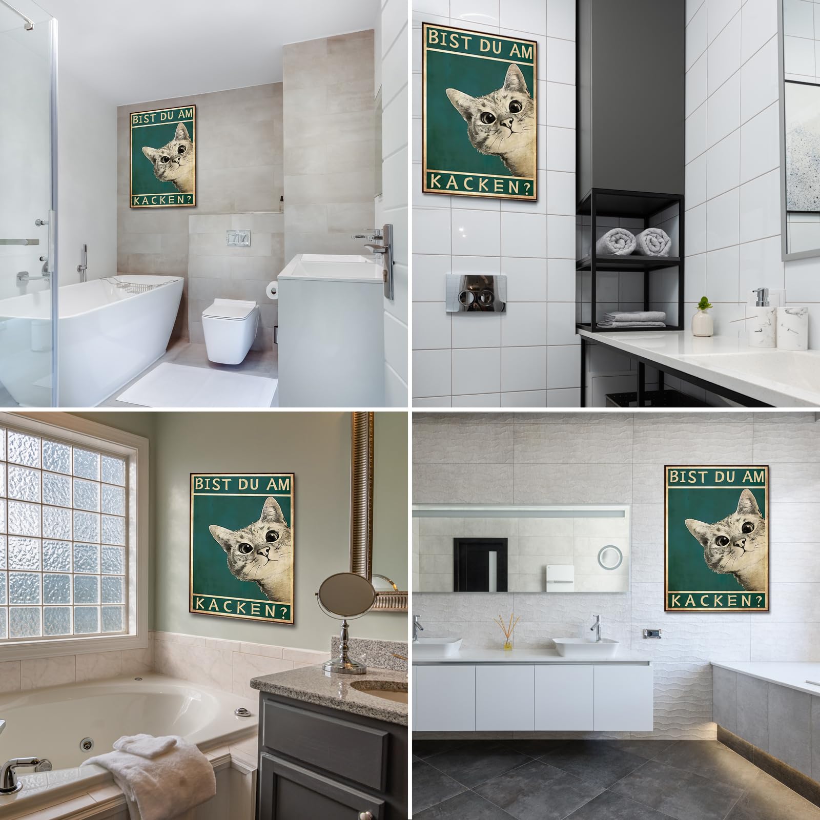 Kateflower Décor de salle de bain Toile murale mignonne avec chat assis dans les toilettes lisant un journal, peinture d'animaux de ferme pour œuvre d'art encadrée 30,5 cm x 40,6 cm