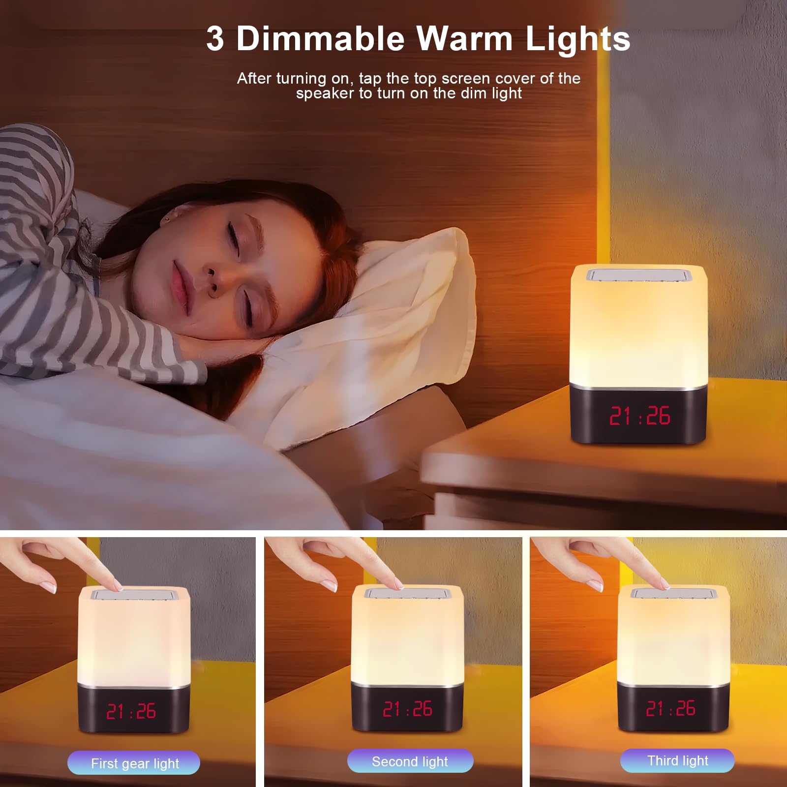 5 en 1 Réveil Lumineux Wireless Réveil, Lampe de Chevet à Commande Tactile à 7 Couleurs Changeantes, Haut-Parleur Wireless Portable, Lecteur MP3 pour Cadeau de Noël pour Hommes/Femmes/Enfants