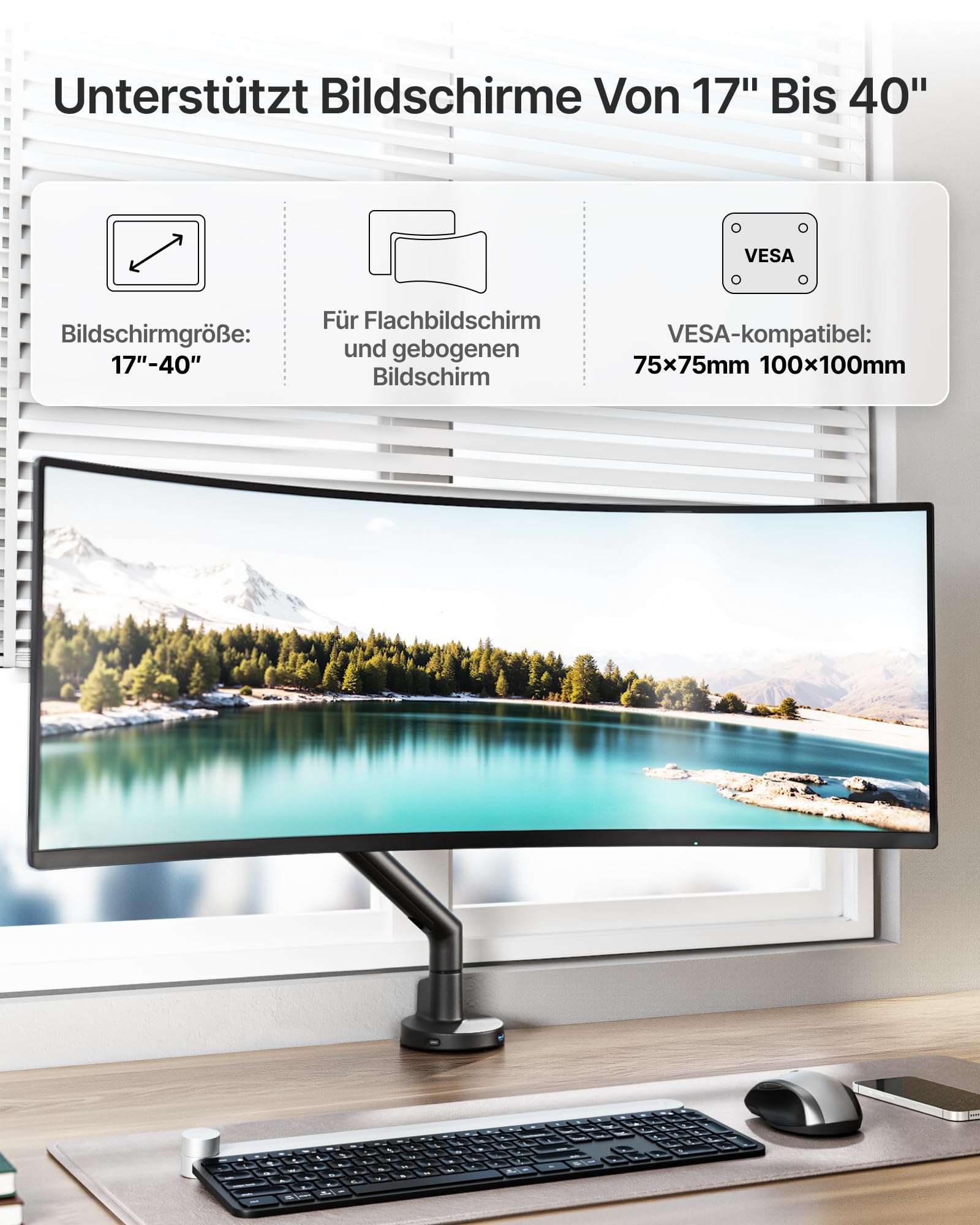 monTEK Monitor Halterung für 17-40 Zoll Bildschirm mit USB, Schwarz | Tragfähigkeit 11KG, Stabil, Höhenverstellbare Gasdruckfeder Monitor Arm mit Klemmschelle/ Tischdurchführung, VESA 75/100mm