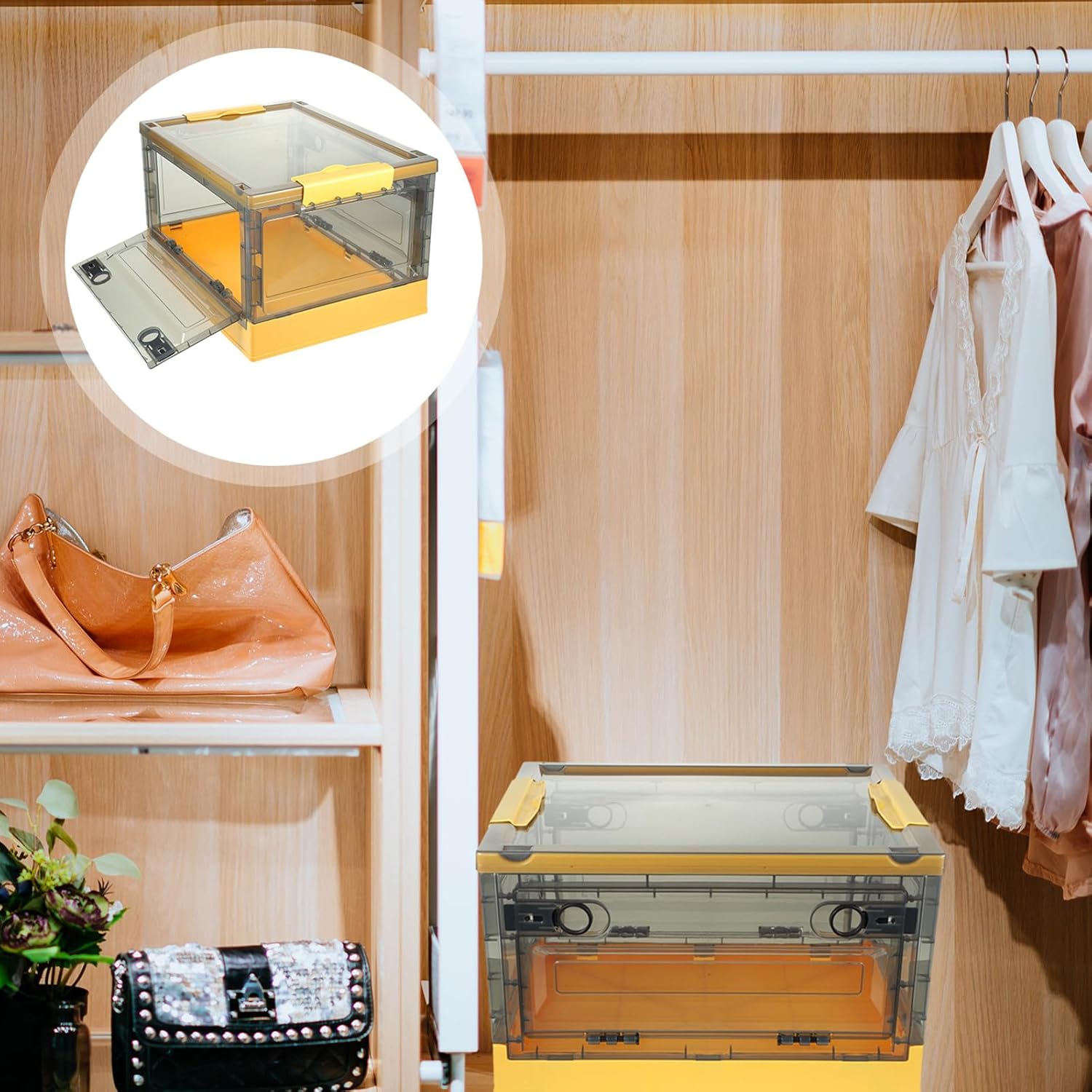 Large Plastic Storage Box with Lid 27L, Yellow Sturdy Organizer Container for Clothes Books, Home Closet and Under-Bed Storage