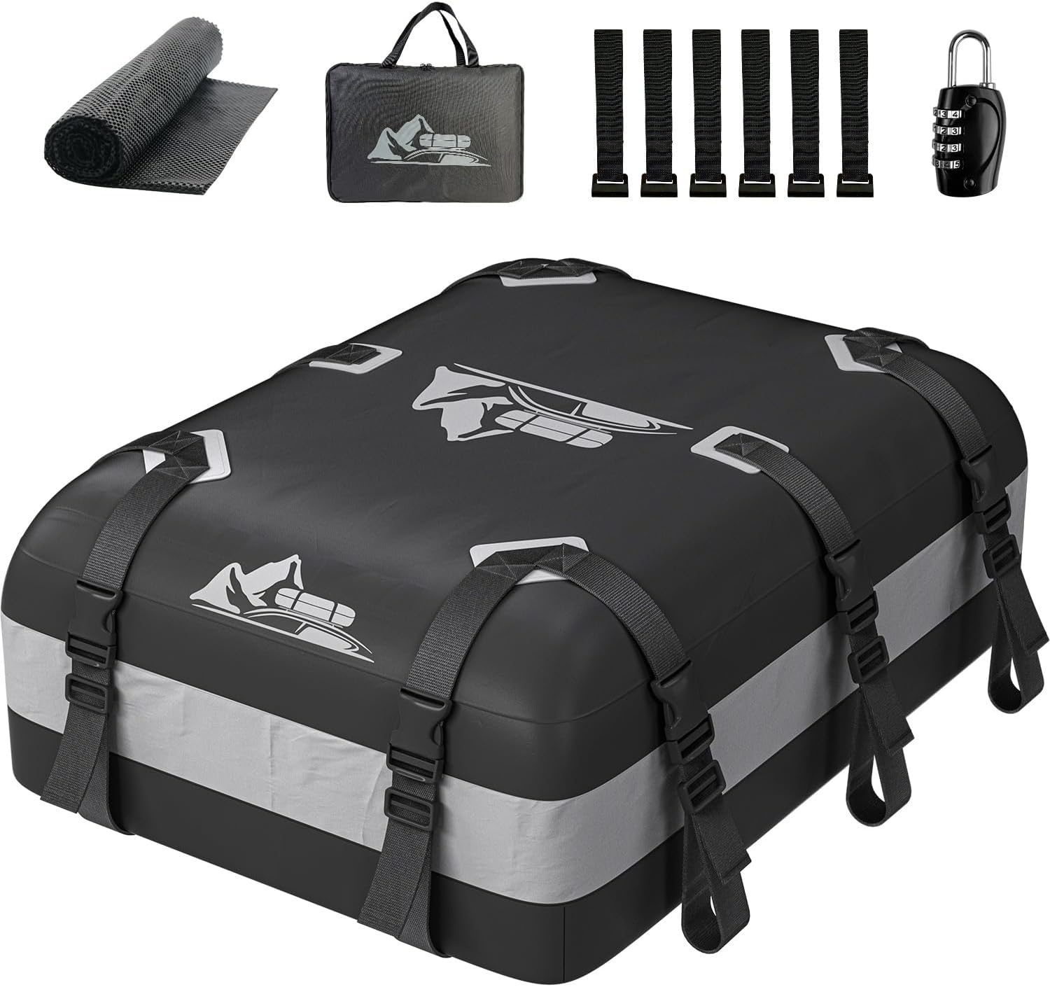 Car Rooftop Cargo Carrier Bag 20 Cubic Feet, 100% Waterproof Heavy Duty Car Roof Bag for All Vehicle with/Without Racks - Anti-Slip Mat, 6 Door Hooks, Storage Bags, 5CM Straps(Gray)