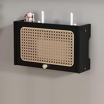 WiFi Wireless Router Storage Box Rattan Router Shelf Wall Mounted WiFi Box Hider, Router Cabinet for Office and Home WiFi Router Storage CabinetBlack,40cm/15.7in
