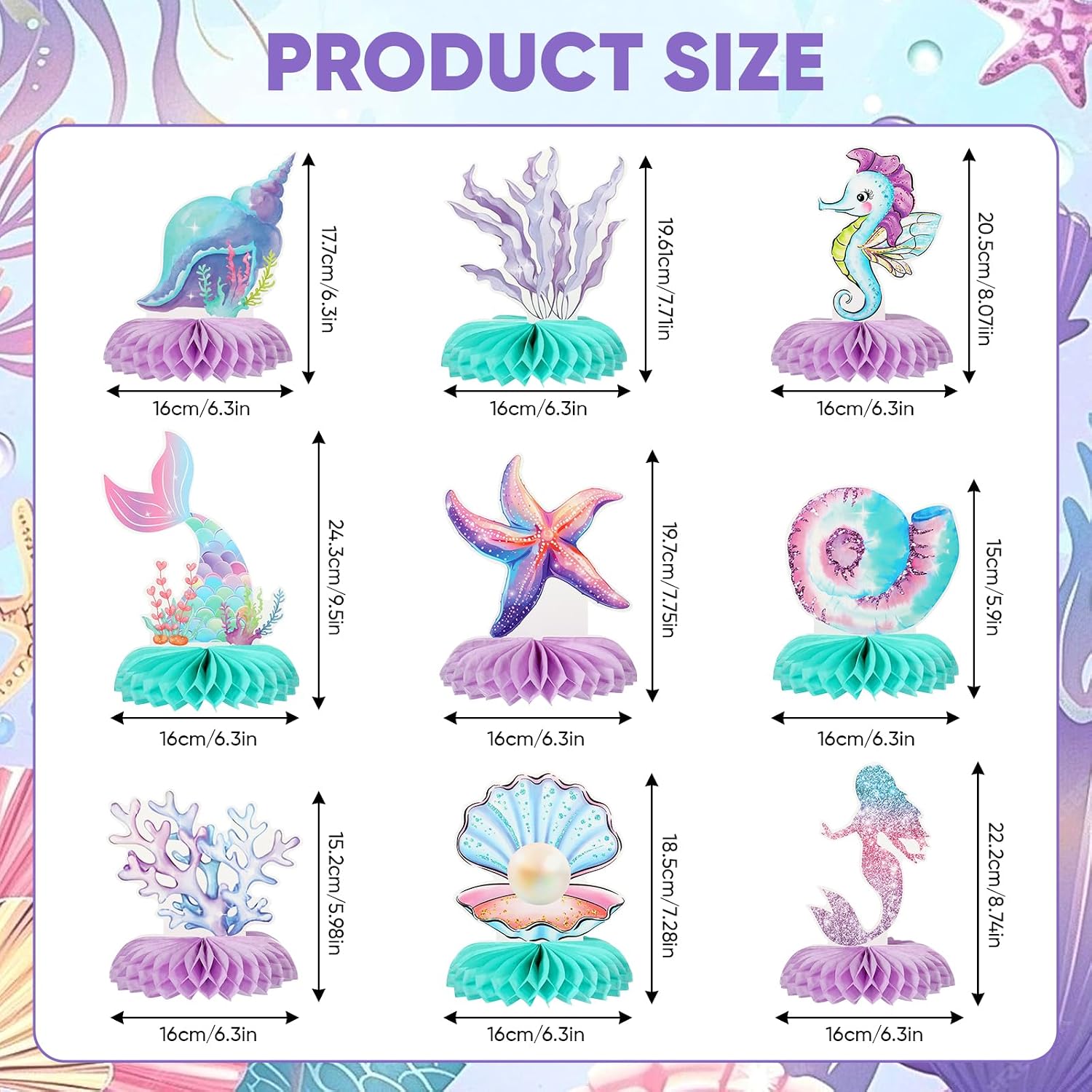 9 Pcs Mermaid Theme Birthday Party Decorations, 3D Double Sided Honeycomb Centerpieces for Under the Sea Table Decor, Ocean Mermaid Party Supplies for Girls