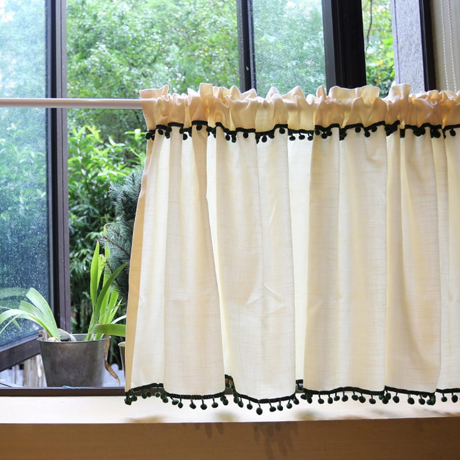 A.Monamour Short Curtain for Small Window Beige Cotton and Linen with Green Pom Poms Window Treatment Valance Window Panel Drapes Half Curtain for Kitchen Café Bedroom Cabinet Curtain Door Curtain