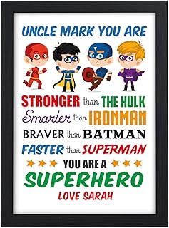 Beecreative Super Hero Uncle Personalised Birthday Gifts Uncle You Are A Superhero Birthday Print Presents - PERSONALISED with ANY NAME and ANY RECIPIENT - A5 A4 Framed Prints