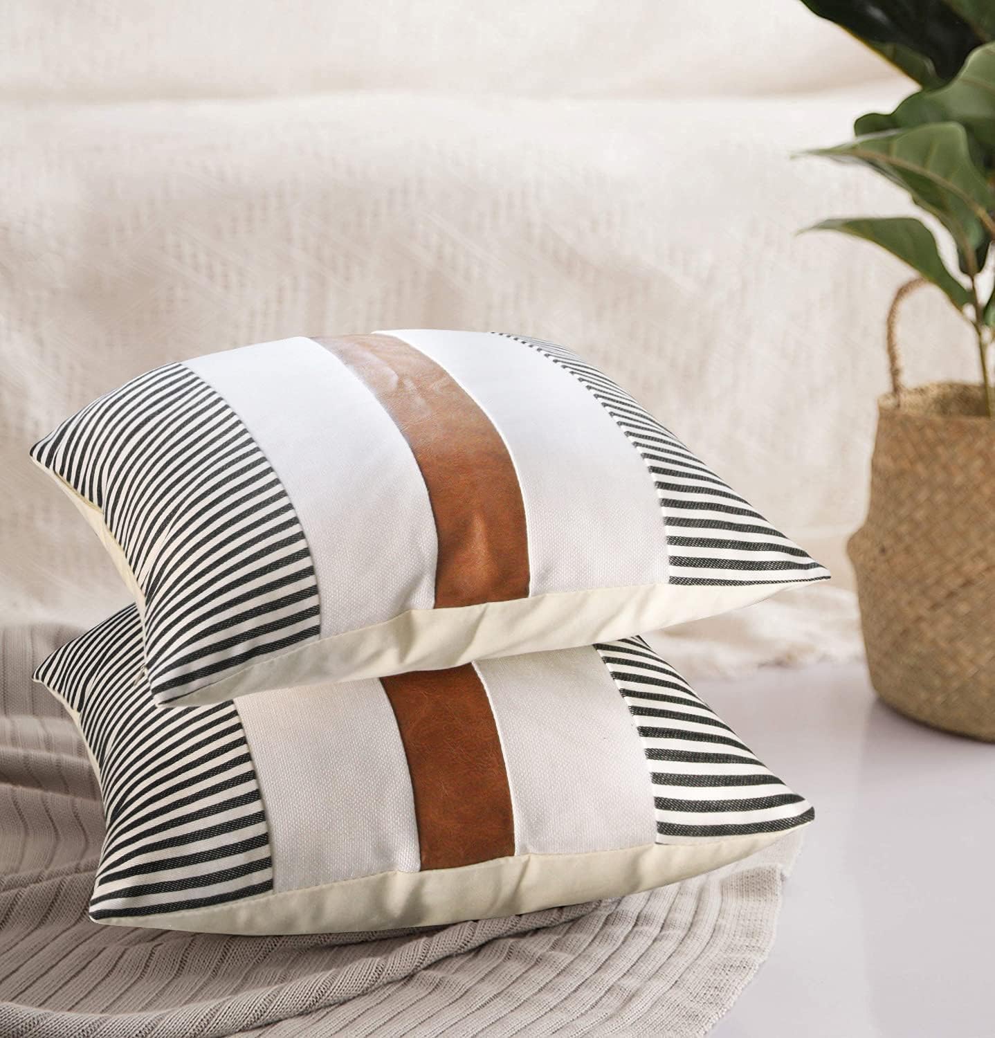 JASEN Farmhouse Throw Pillow Covers 20x20 inch, Set of 2 Faux Leather Throw Pillows Modern Decorative Pillow Covers for Sofa Bedroom Living Room
