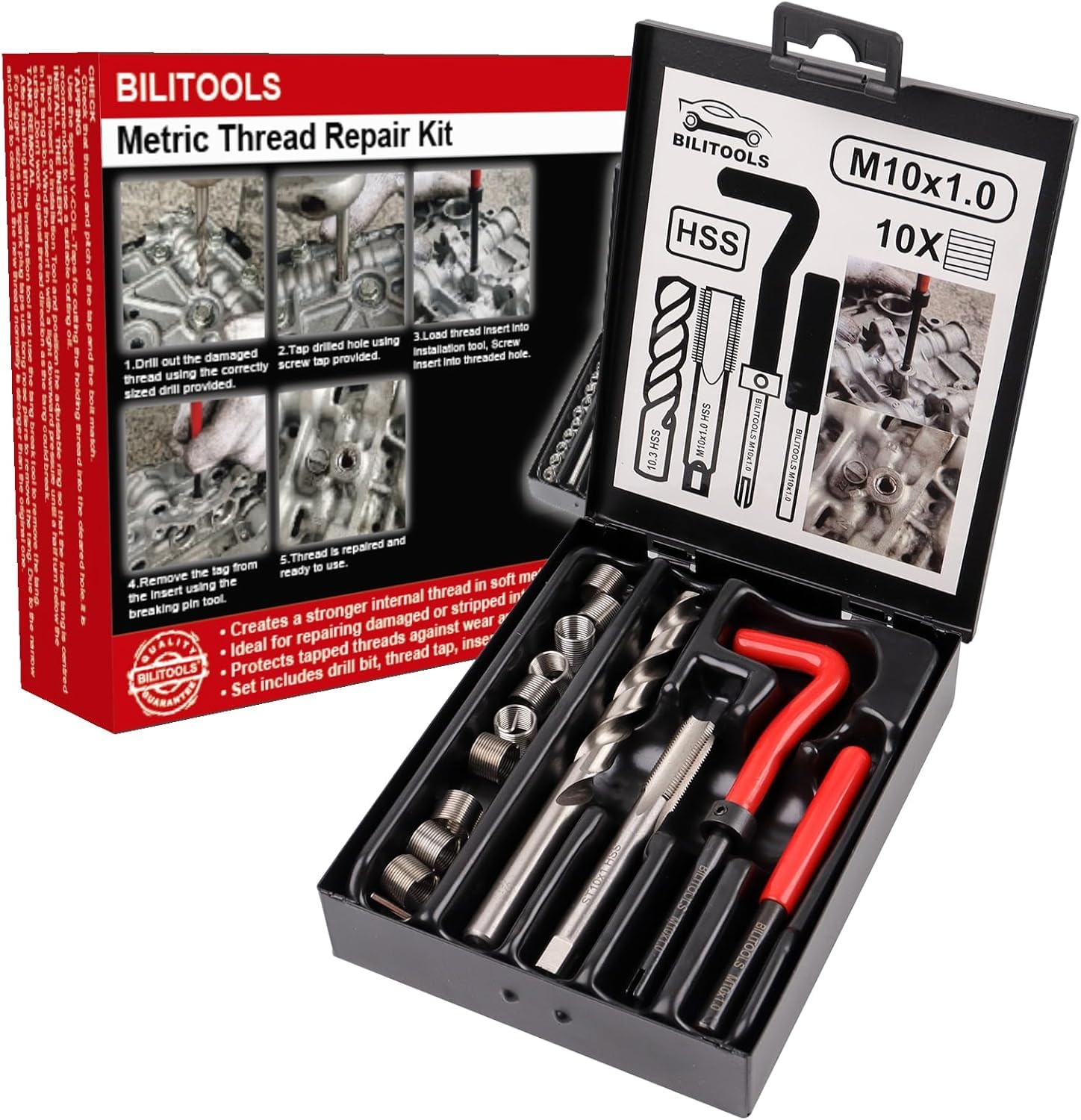 BILITOOLS M10x1,0 Kit Réparation Filetage Helicoil | Avec foret HSS, outil d'installation et inserts filetés en acier inoxydable