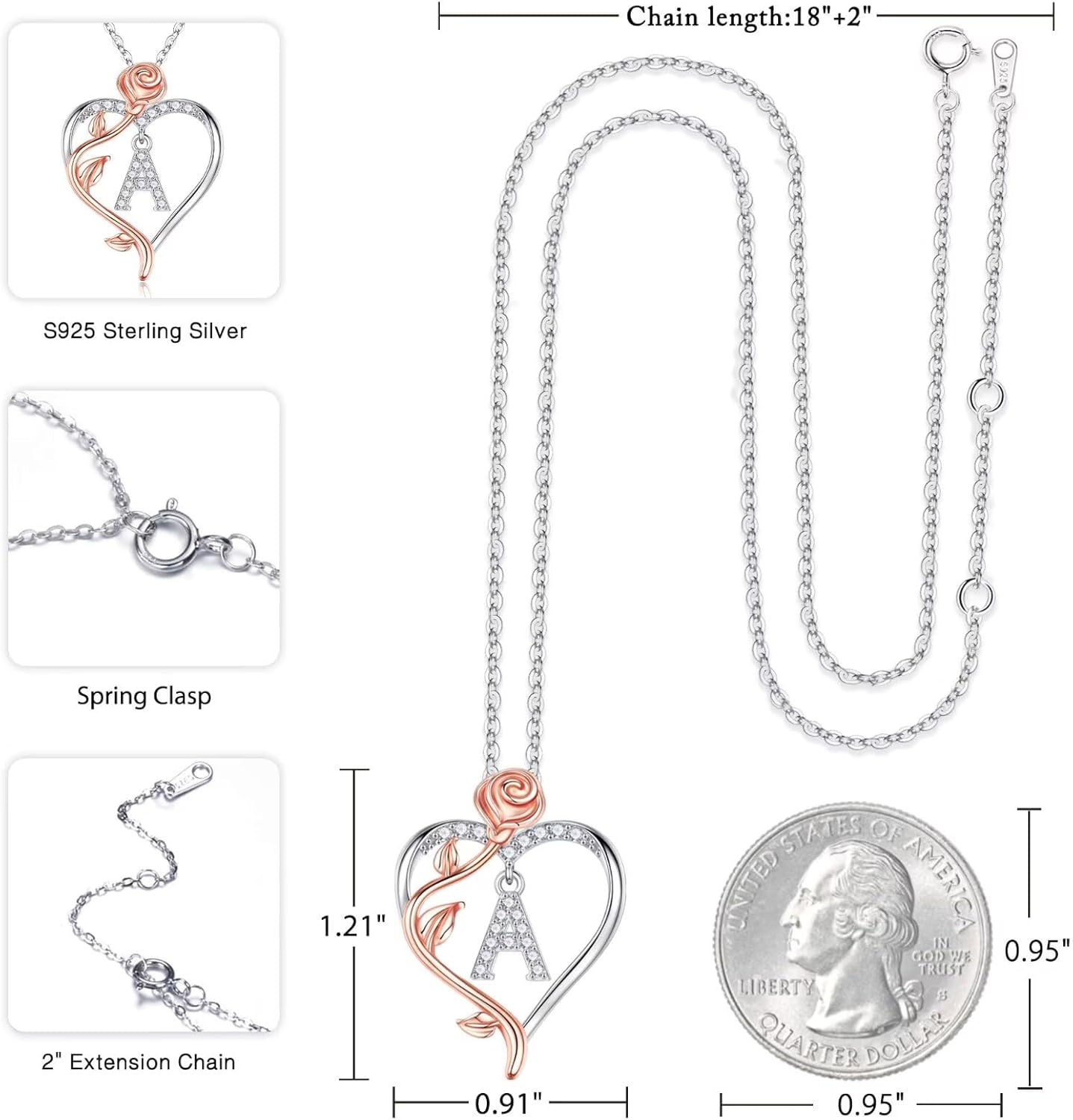 Iefil Easter Gifts for Women Wife - 925 Sterling Silver Rose Heart Initial Necklace, Anniversary Birthday Gifts for Women, Jewelry Gift for Her Wife Girlfriend