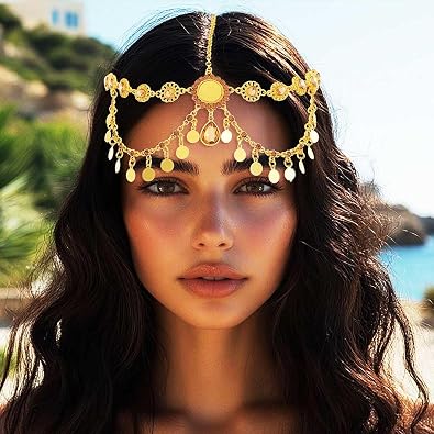 GORAIS Boho Head Chain Gold Egyptian Headpiece Sequin Headband Accessories for Women