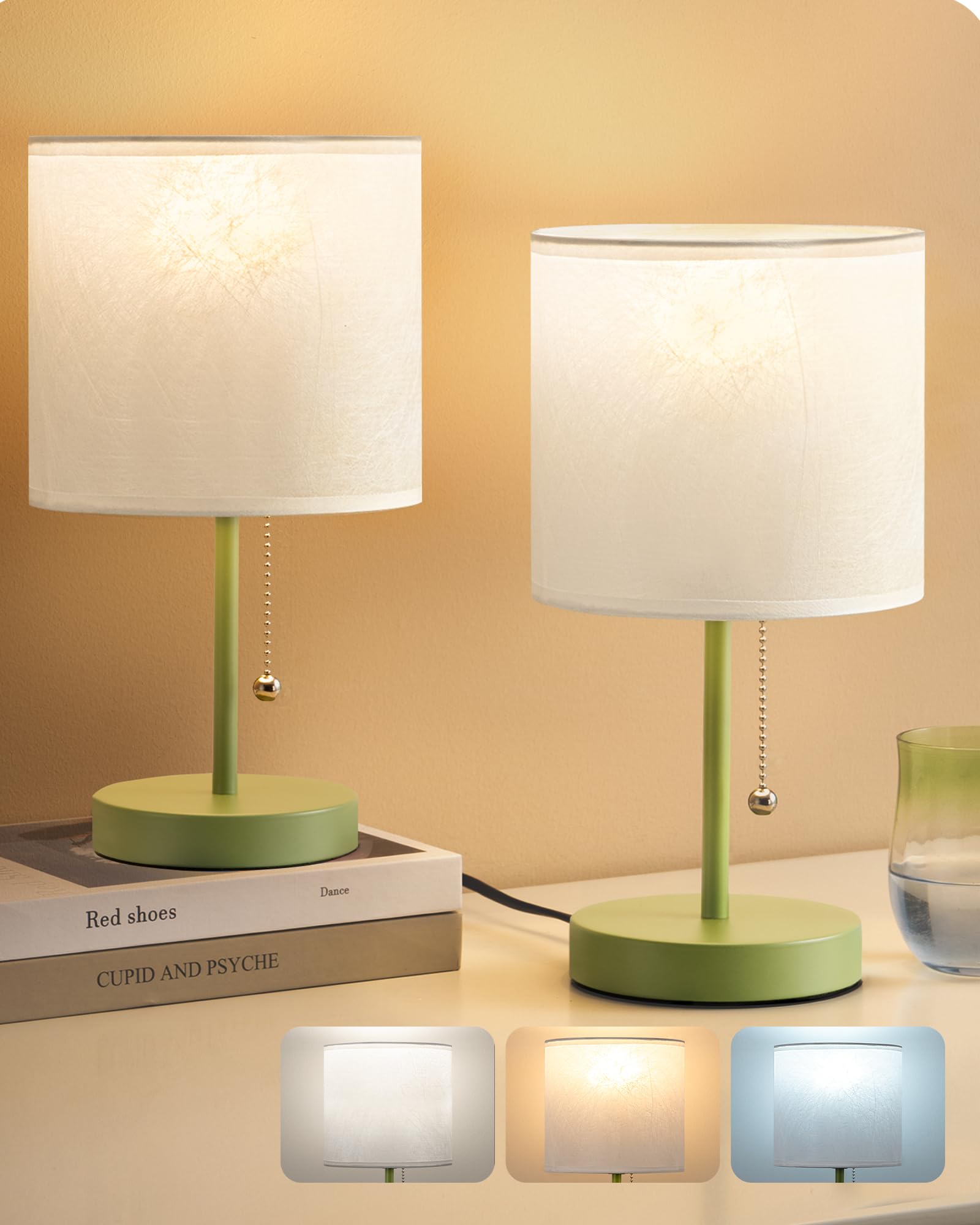 EDISHINE Bedside Lamps Set of 2, Silk-Like Lampshade, 9W LED Bulb Included