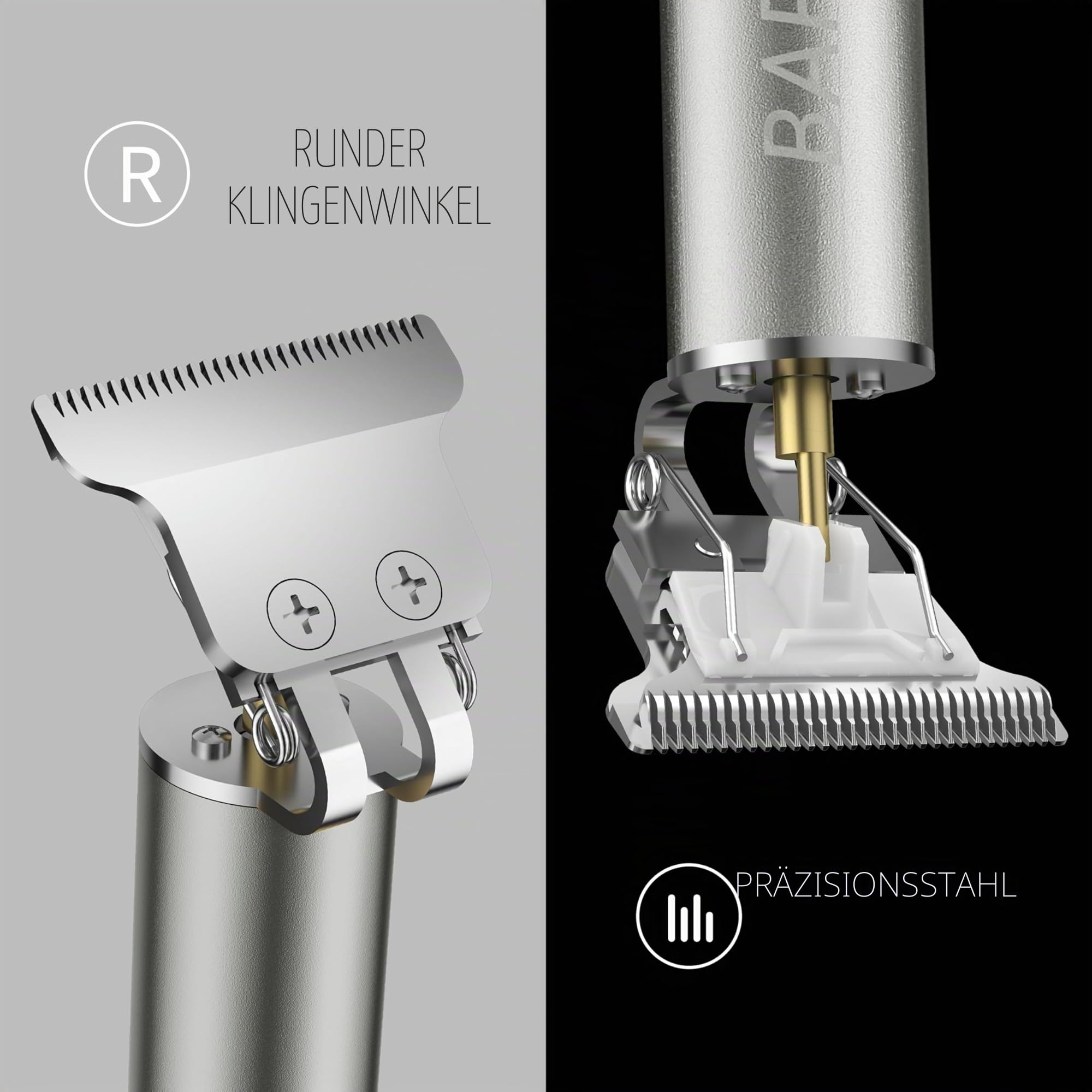 BarberBoss T-Blade Bart und Haarschneider für Männer, kabelloser Präzisionsschneider, wiederaufladbarer Trimmer mit 3 Aufsteckkämmen, Präzisionspflege für Bart, Koteletten und Nackenpartie, Silbergrau