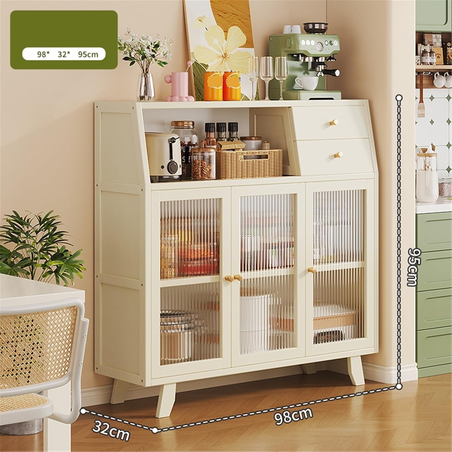 Buffet Cabinet Three-Door Glass Sideboard for Kitchen and Living Room Floor-Standing with Storage Drawers Kitchen Cabinet